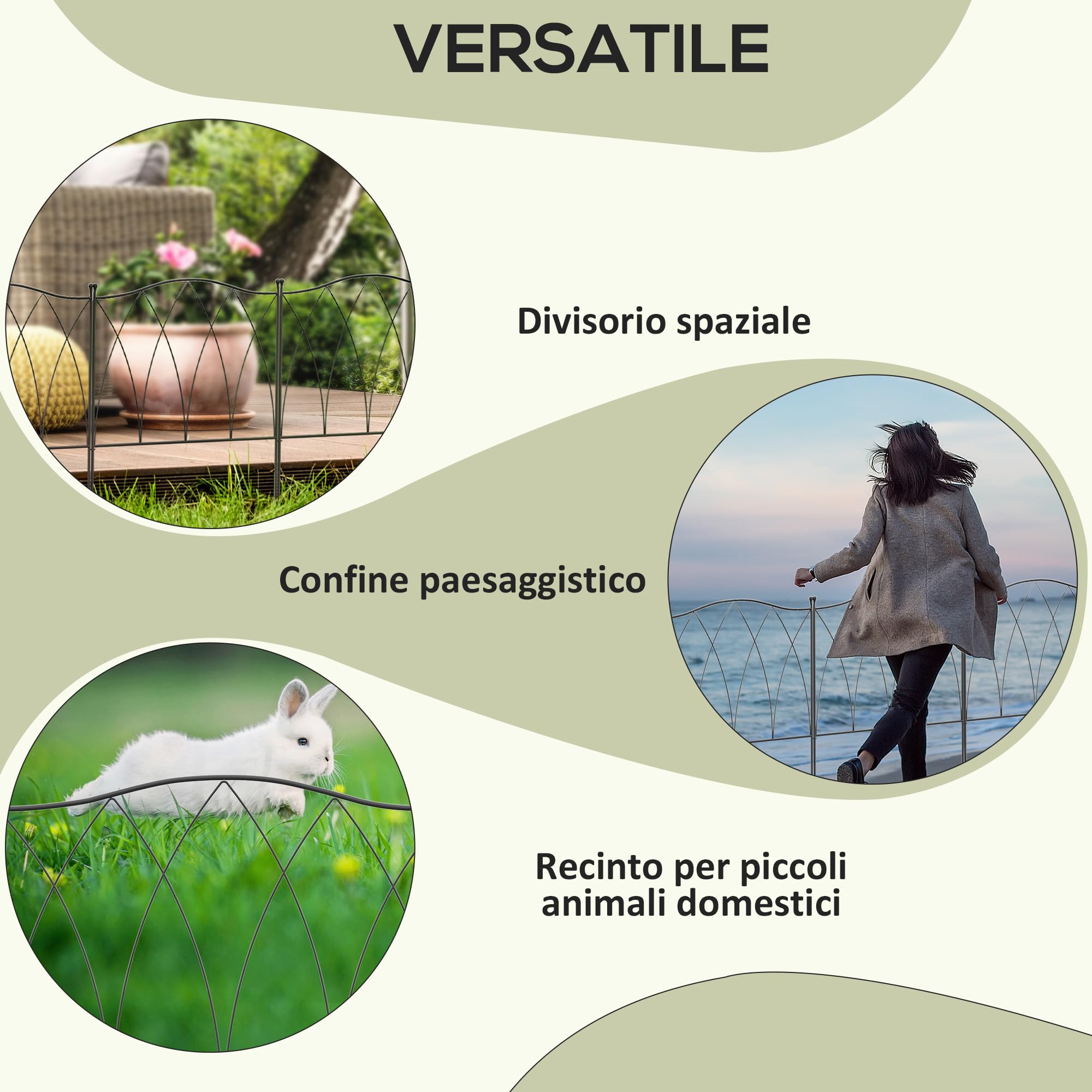 Outsunny Set Recinzioni da Giardino 5 Pannelli con Lacci 305x62 cm Nero | Recinzione Decorativa Esterna in Metallo, per Giardino, Cortile, Prato e Aiuola
