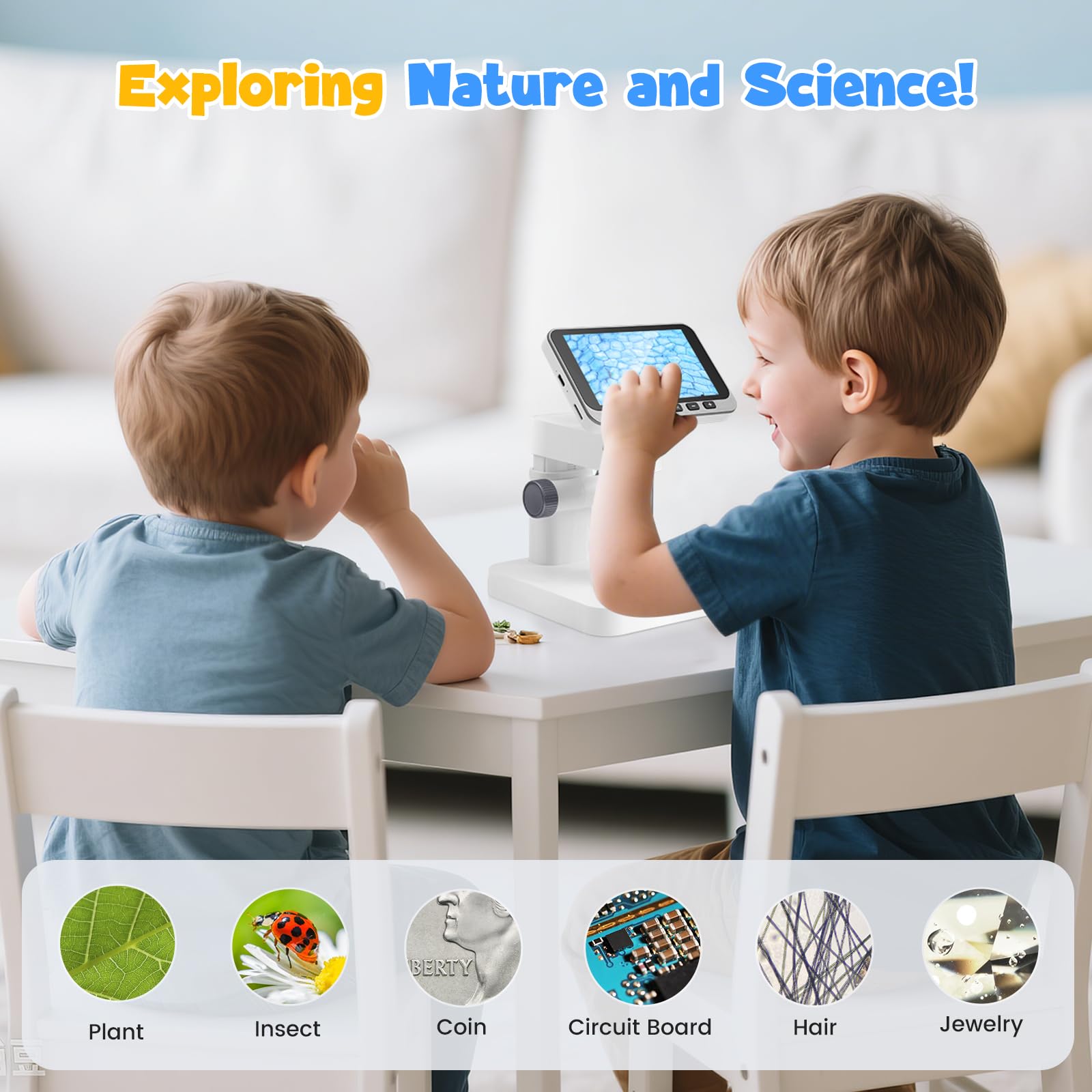 Microscopio digital para niños de 5 a 1000 x, pantalla IPS de 4,5 pulgadas, 1080P, microscopio portátil de mano con tarjeta de 32 GB, foto y vídeo, conexión de PC para escuela naturaleza