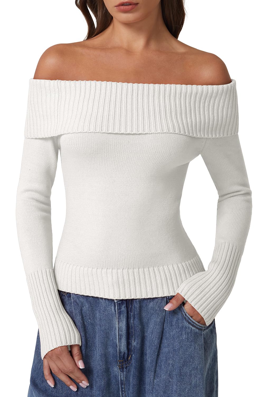 QINSEN Cotton Off The Shoulder Sweater for Women Long Sleeve Ribbed Knit Pullover Sweater Slim Fit Going Out