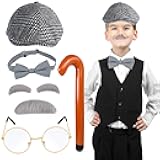 Yewong Kids Old Man Costume Grandpa Accessories Beret Hat Mustache Eyebrows Inflatable Cane Glasses Bowite Set