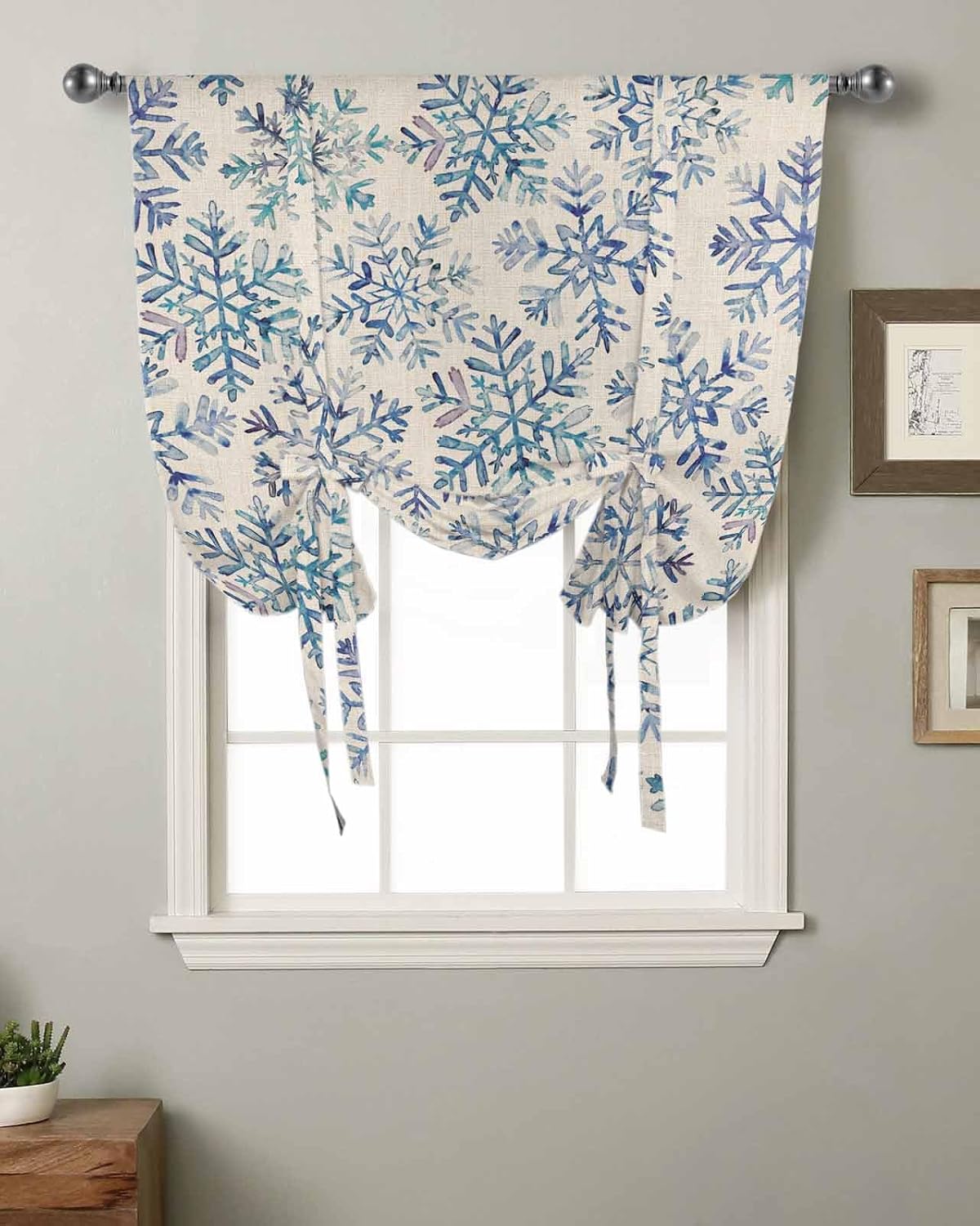 Christmas Snowflake Red Tie Up Curtain for Window Blackout Balloon Valance Curtain for Bathroom Winter Xmas Watercolor Texture White Adjustable Window Shade for Kitchen Living Room Bedroom 52"Wx63"L