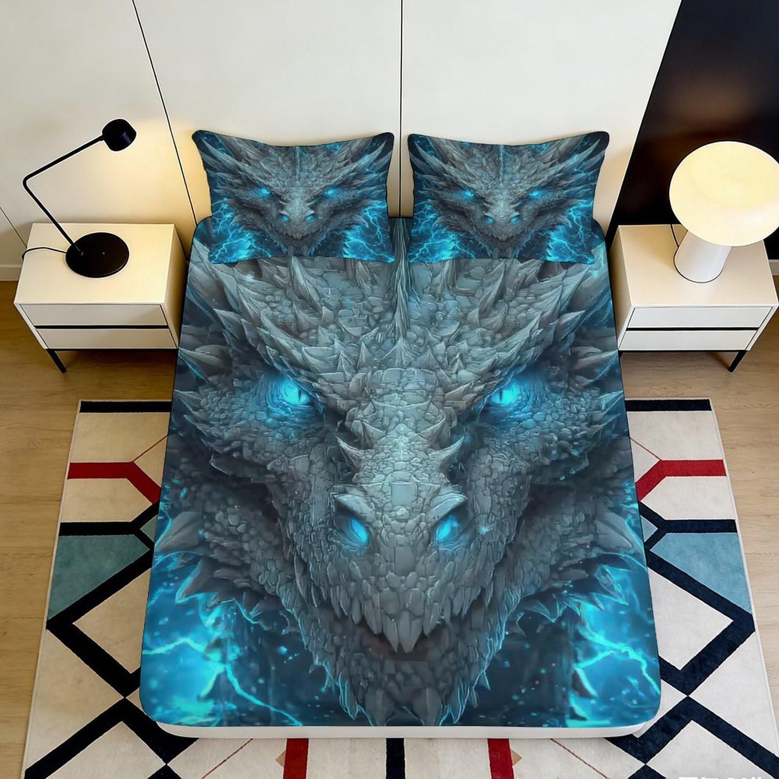 3D Printed Blue Dragon Fitted Sheet Microfiber Soft Bedroom Decor Lightning Skull Mattress Cover Protector 90x200x25cm