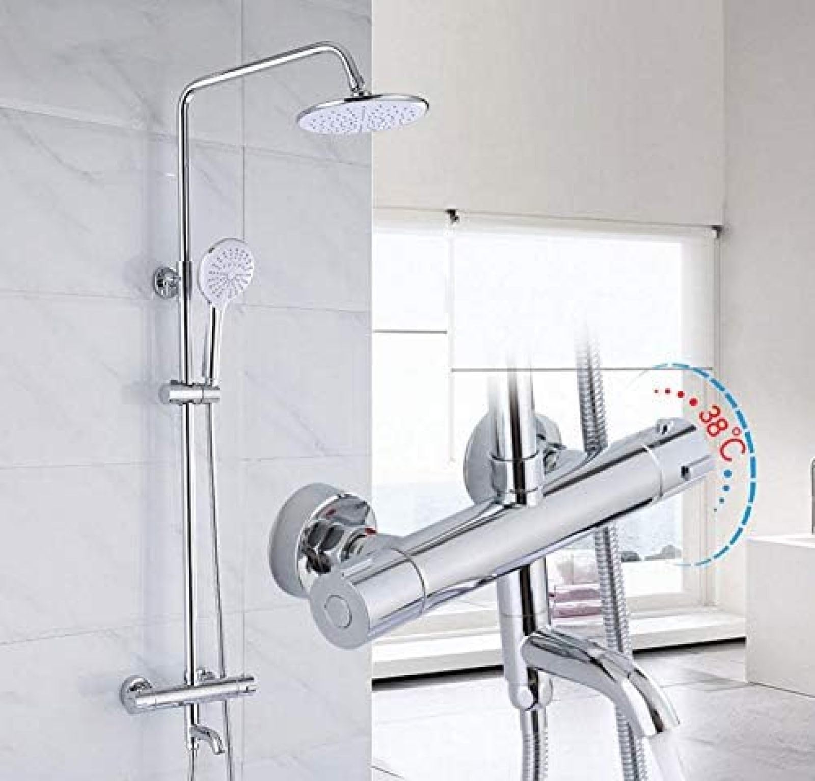 GLJTUO Shower system, Thermostatic Shower System Mixer Faucet Sets, Bath Faucet With 5-Function Hand Shower And 220mm Shower Head Brass Chrome