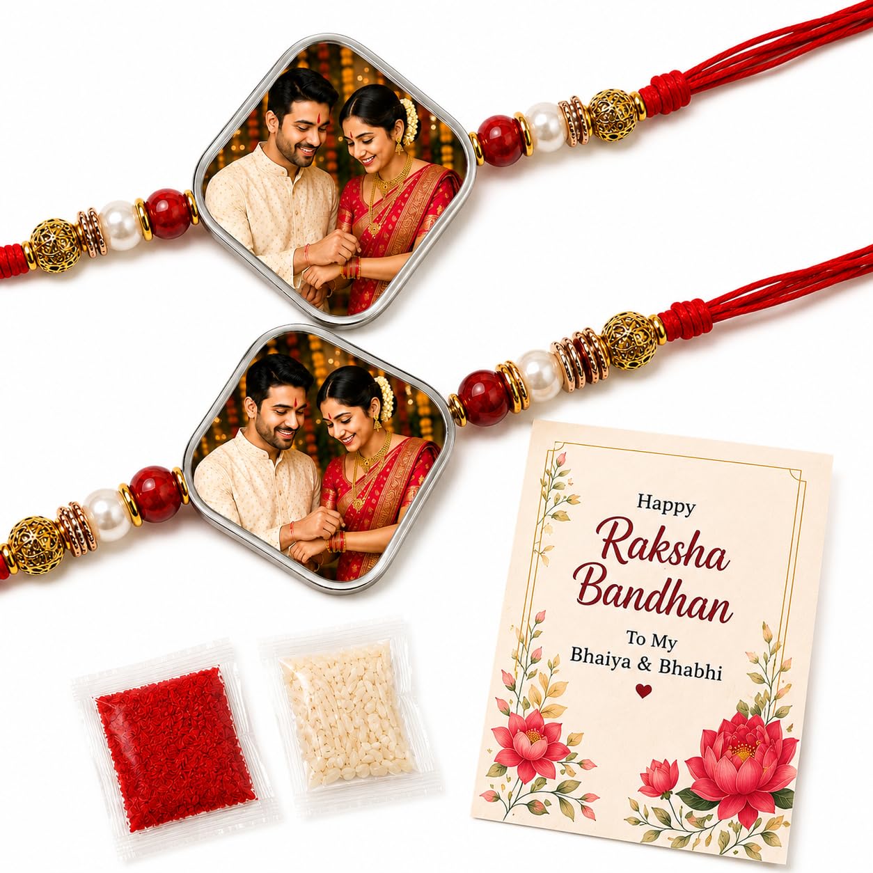 personalized couple rakhi set with photo for bhaiya bhabhi | custom acrylic picture rakhi combo with roli chawal & greeting card | raksha bandhan gift set of 2