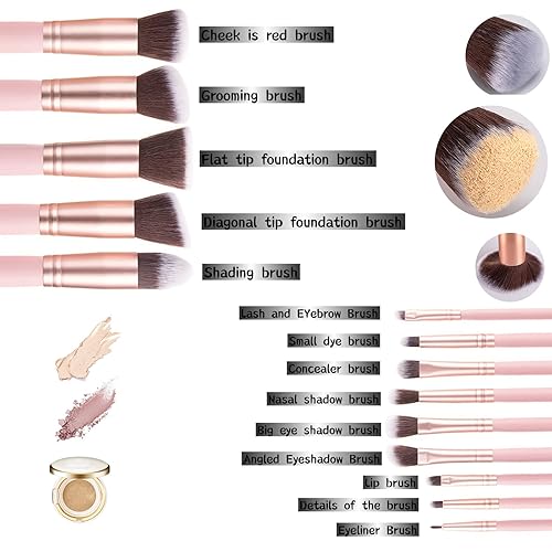 Miniatura 6 de YJ-Anyue Juego de brochas de maquillaje de madera rosa, 14 piezas, brochas de maquillaje sintéticas de primera calidad, mezcla de polvo facial,