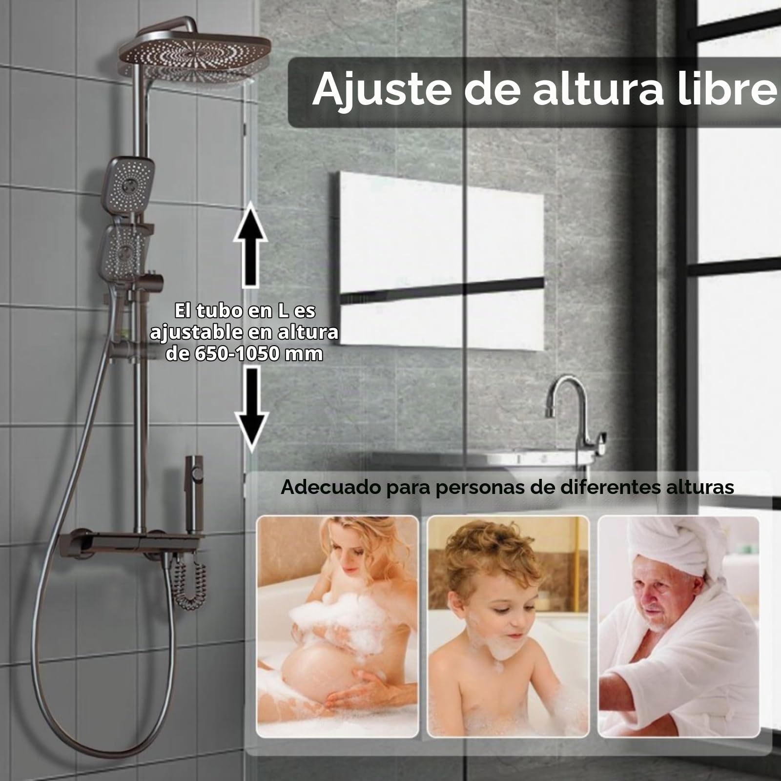 Columna de Ducha con Grifo, 4 Modos Columna Ducha Controles de los botones del piano, Lluvia Columna de Baño Multifuncional Altura Ajustable 65-105cm (gris oscuro)