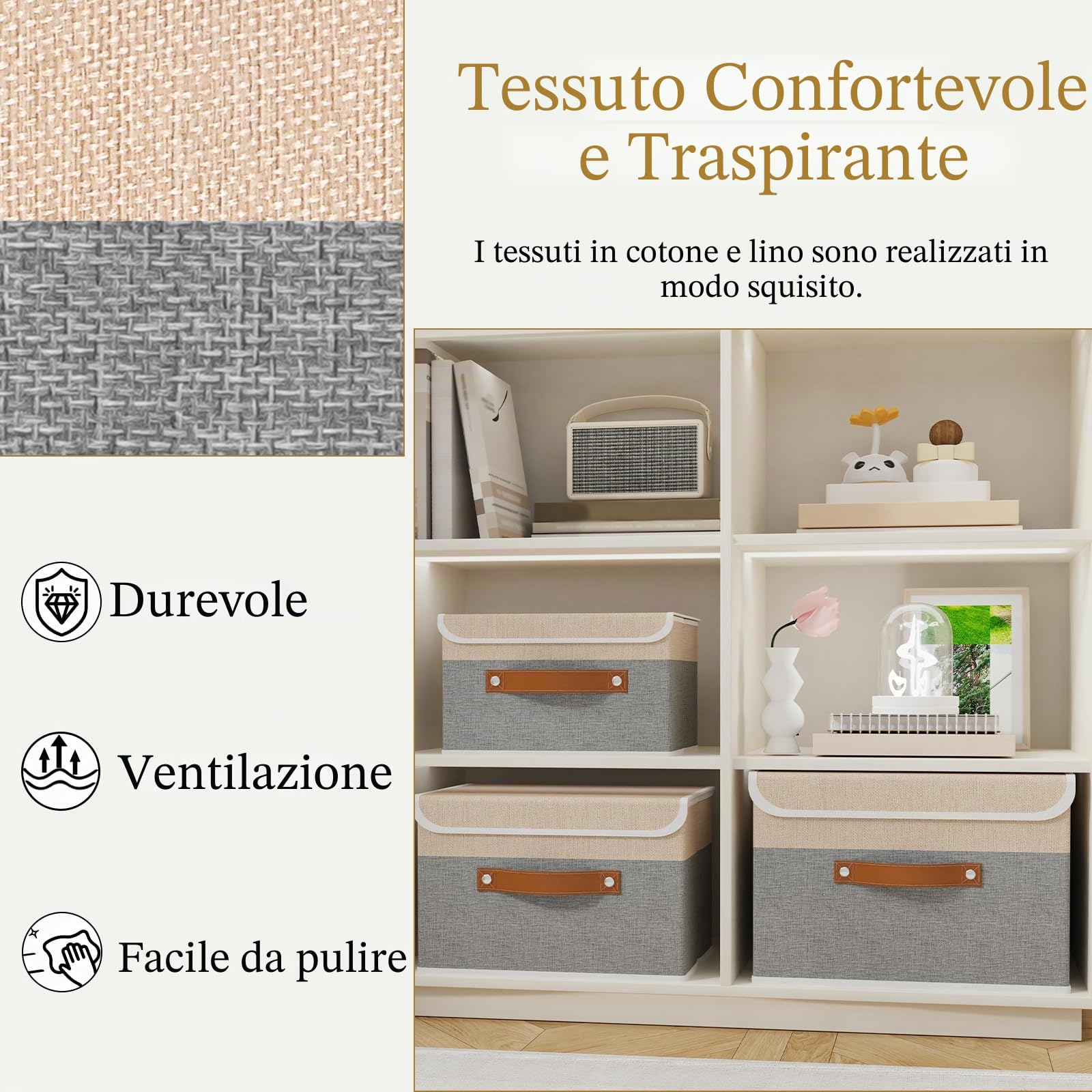 OUTBROS 3 Set Scatole Portaoggetti, 45x30x30cm Cesto, Grigio/Beige | Scatole per Armadio in Tessuto con Coperchio Antipolvere, Contenitori Salvaspazio Pieghevoli per Vestiti Camera da Letto