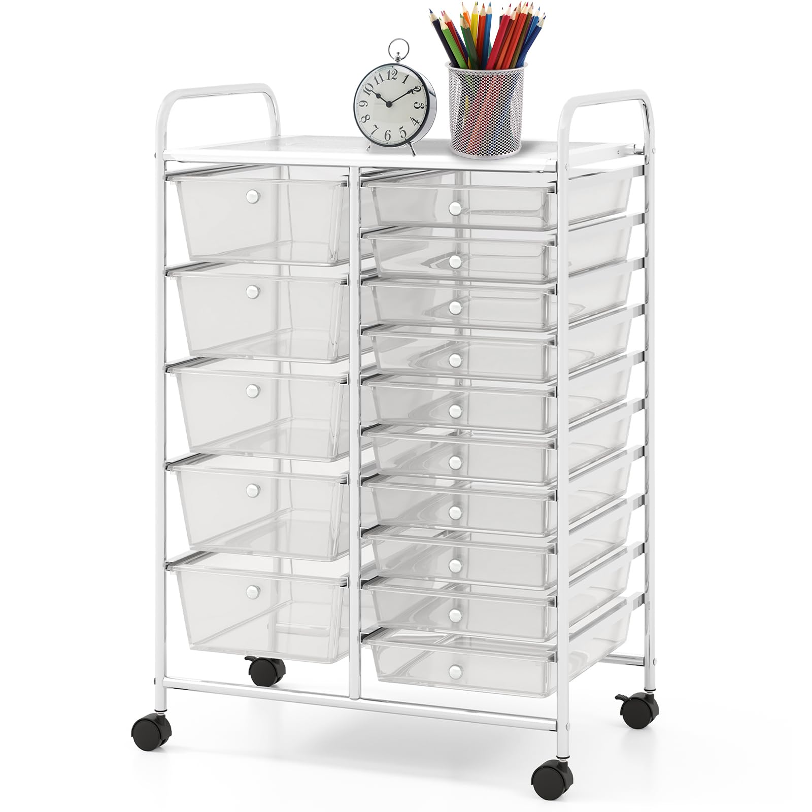 BECOMFORT 15-Drawer Rolling Cart with Drawers, Storage Cart on Wheels, Teacher Classroom Organizers with Metal Frame, Mobile Craft Cart for Tools,