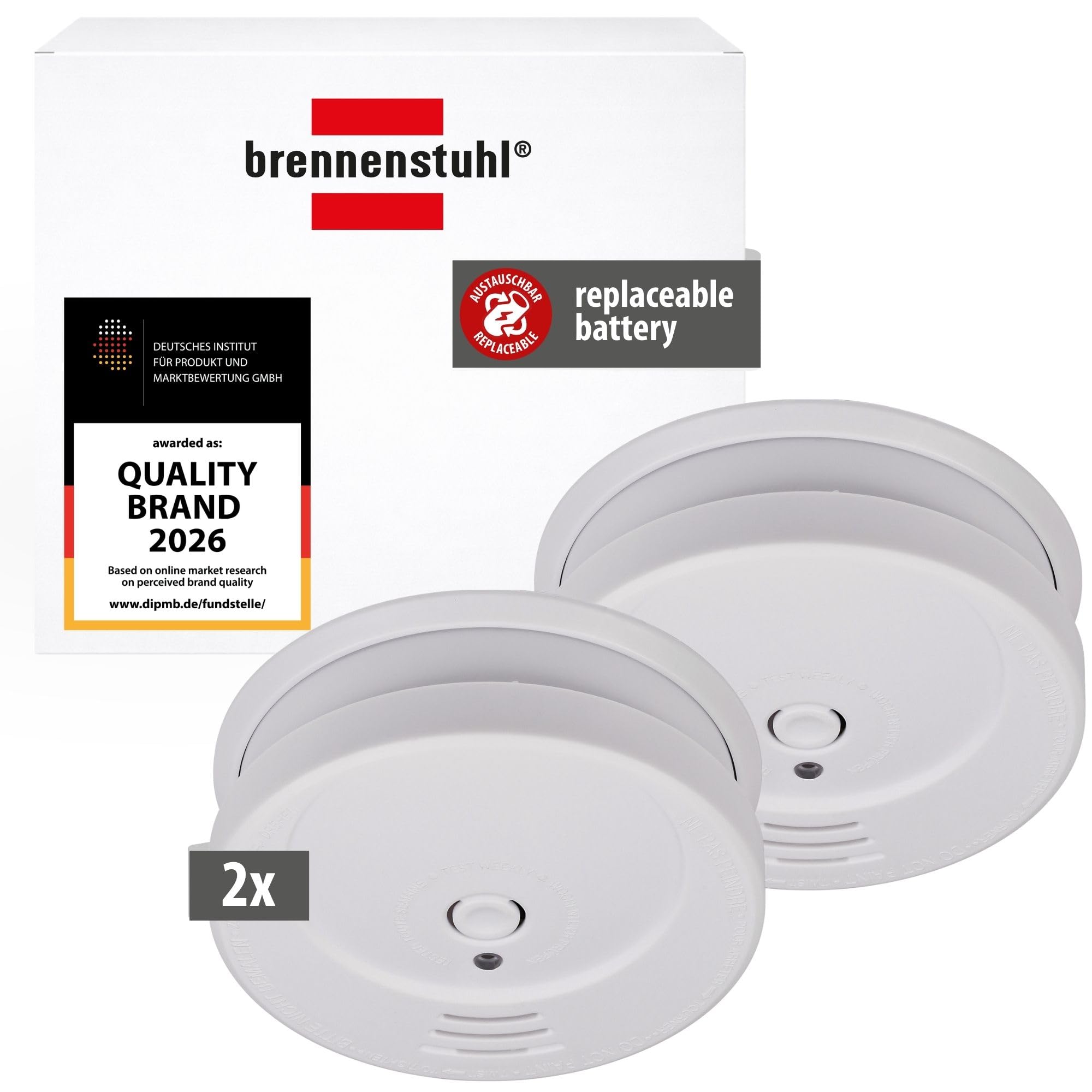 Brennenstuhl Smoke Detector SET, 2x RM C 9010 with replaceable battery (tested according to EN 14604, loud alarm signal) white