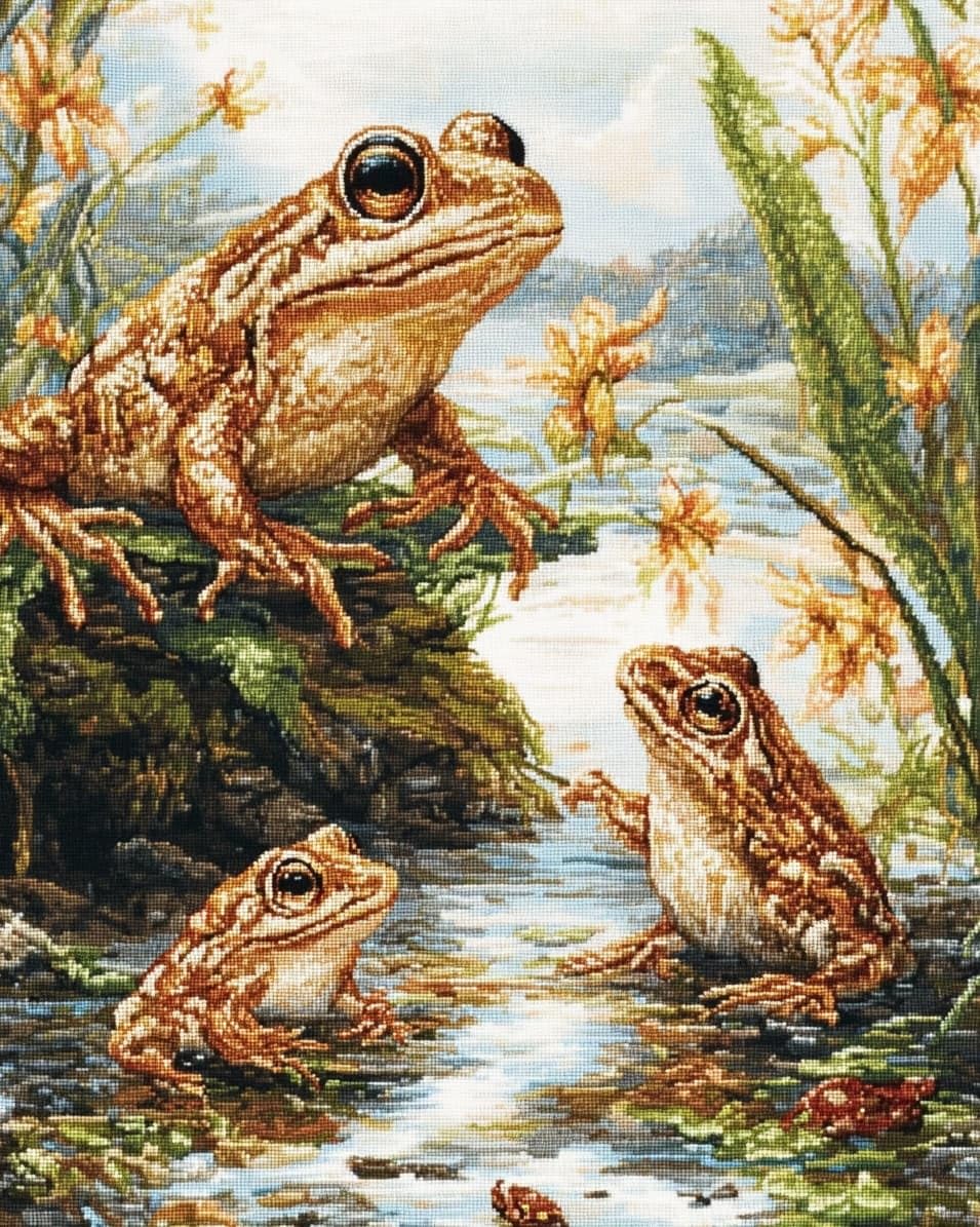 WallustrioaW Cross Stitch Kits for Adults,Frogs in the Pond,11CT Counted Printed Cross Stitch,DIY Embroidery Kit for Home Wall Decor,16x20in