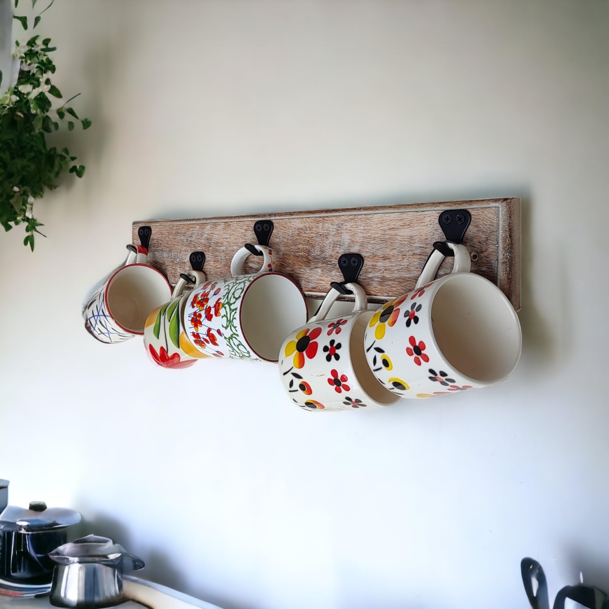 Treegift Wooden Wall Mount Cup Holder Coffee Mug Stand Utensil Rack and Hooks for Kitchen Wall.5 Metal Hangers,Size-(20" × 3.5") inch