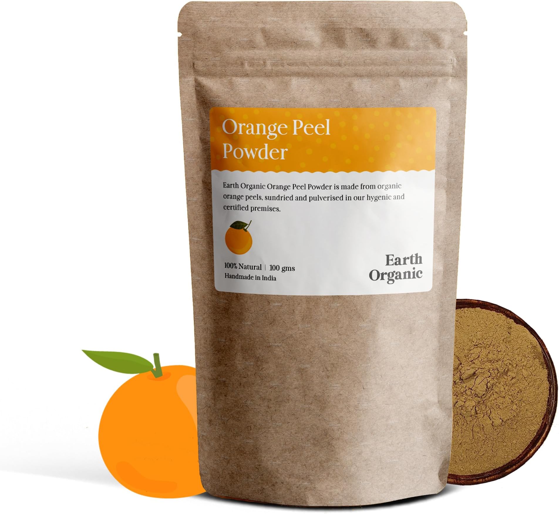 EARTH ORGANIC - Orange Peel Powder Face Pack (100gm) | Citrus aurantium - For Tan Removal, Oil Control, Glowing Skin, Scars, Natural Skin Cleanse with Vitamin C | Eco-friendly Pouch