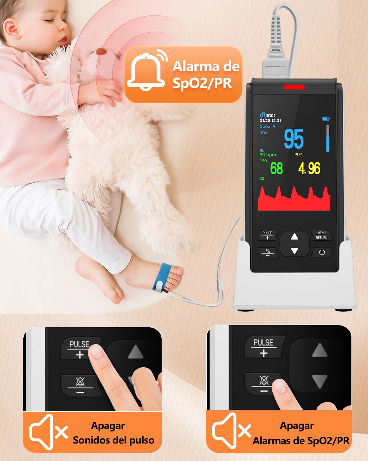 HealthTree pulsioximetro pediatrico portátil, oximetro pediatrico recargable,medidor saturacion oxigeno, Comprobar los niveles de oxígeno, la frecuencia cardíaca y el índice de perfusión