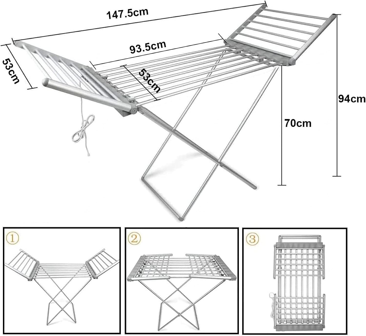 Heated Airer with 20 Heated Tubes Winged Clothes Drying Rack Heated,Portable Folding Electric Clothes Dryers Indoor Low,Stable Standing Electric Drying Rack