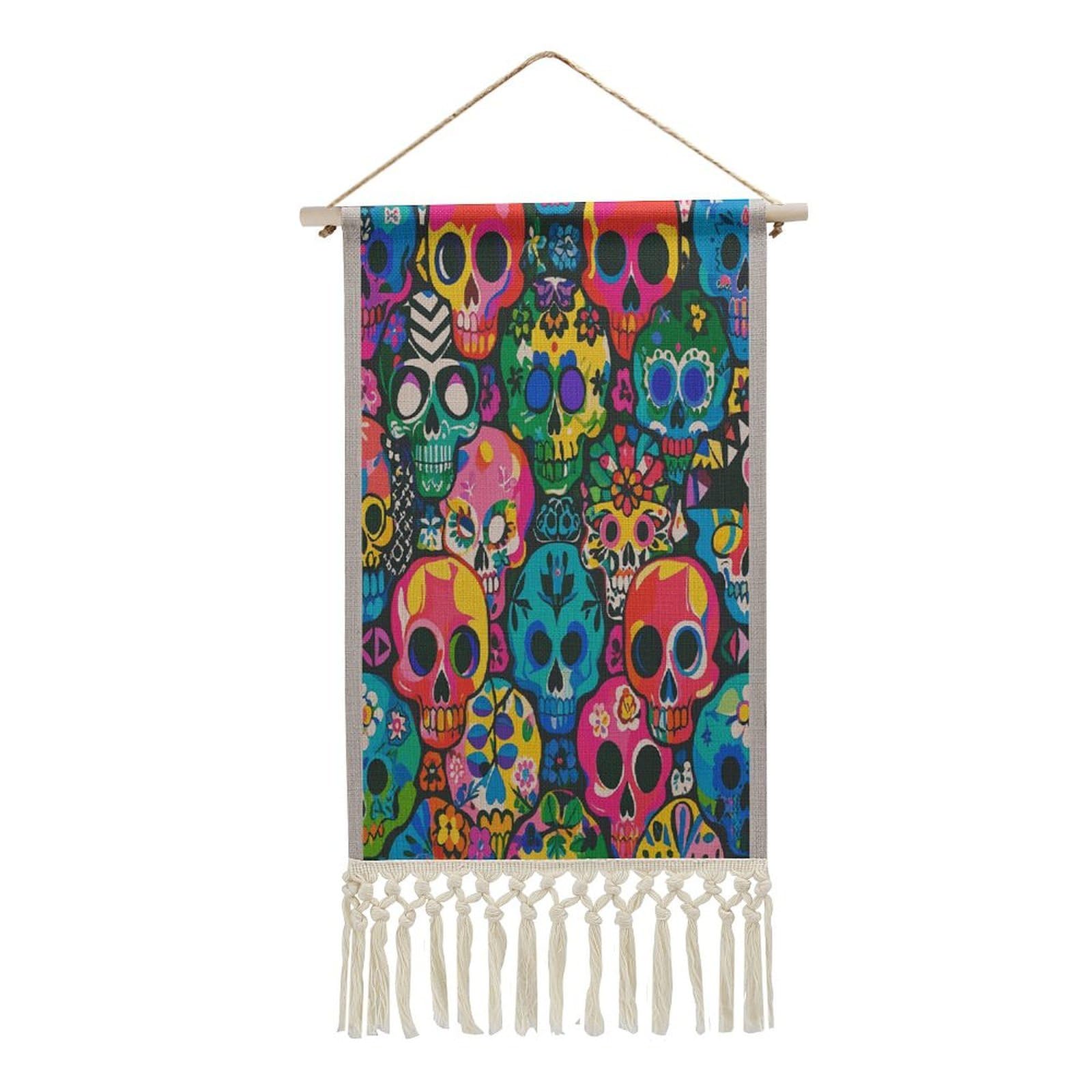 FekiLoot Colorful Skulls Print Wall Art Poster Hanger Frame Vertical Tassel Tapestry Cotton Linen Hanging Poster Decorative Wall Art Prints Vintage Wall Art Decor for Home Bedroom Living Room Office