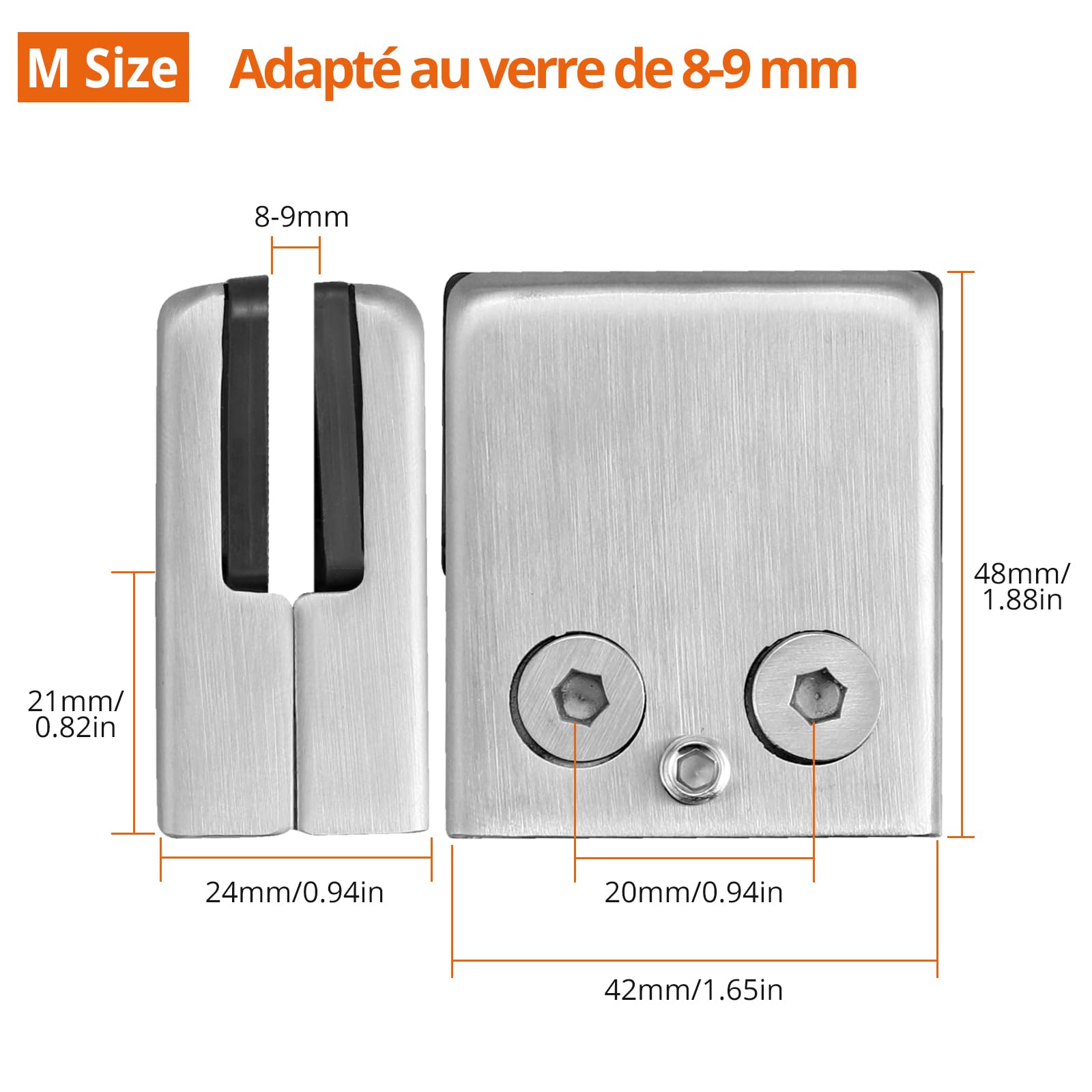 Proster 16 PCS Pinces à Verre Taille M (8–9 mm) en Acier Inoxydable 304 – Dos Plat, Finition Brossée, Fixation Antirouille avec Vis de Serrage pour Balustrade, Garde-Corps, Escalier et Main Courante
