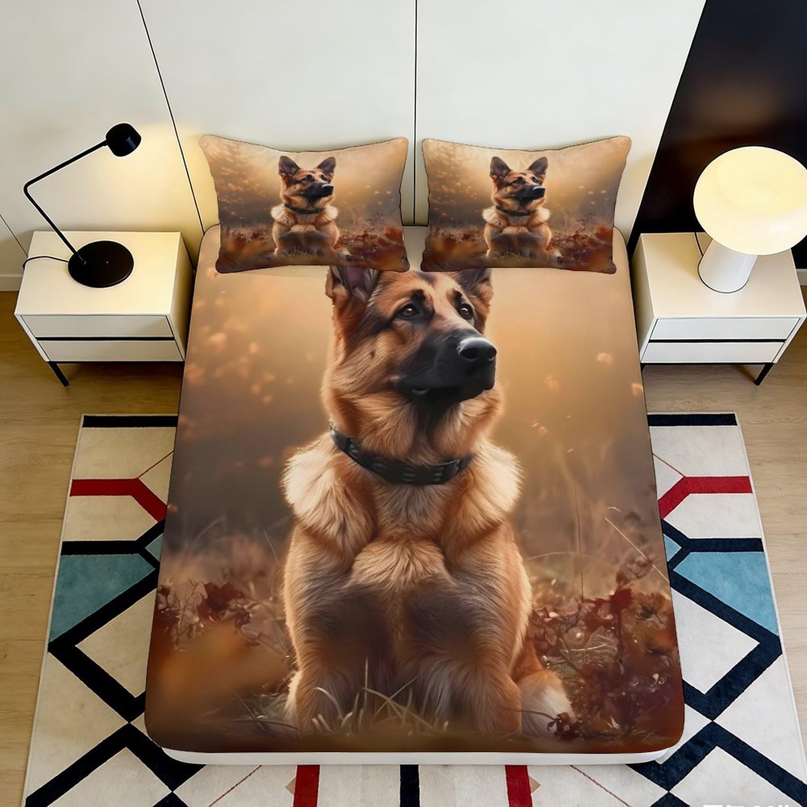 3D Printed German Shepherd Fitted Sheet Microfiber Soft Breathable Autumn Forest Bed Cover for Bedroom Dorm Decor 90x200x25cm