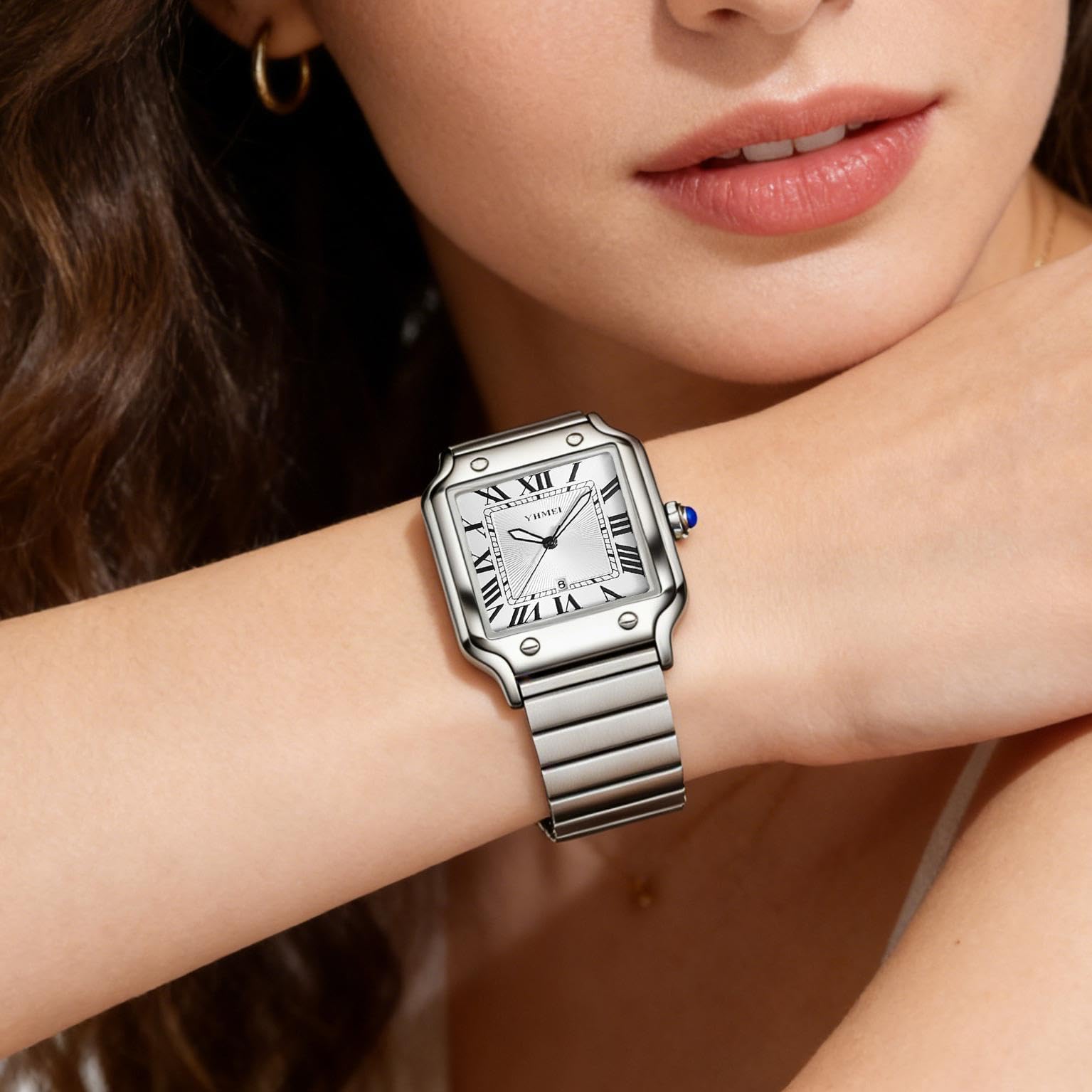 CARLIEN Orologio da polso unisex, classico, quadrato, numeri romani, argento, analogico, impermeabile, cinturino in acciaio inox, visualizzazione della data, orologio da polso casual