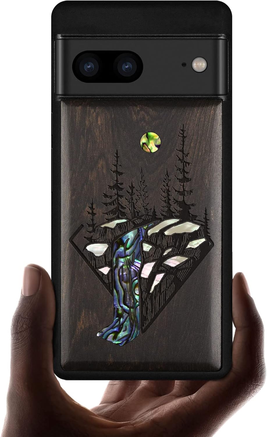 Carveit Designer Wooden Case for Google Pixel 7 Case Protective Cover [Wood Engraving & Shell Inlay] Compatible with Wireless Chargers Pixel 7 (Sugar Skull-Rosy)