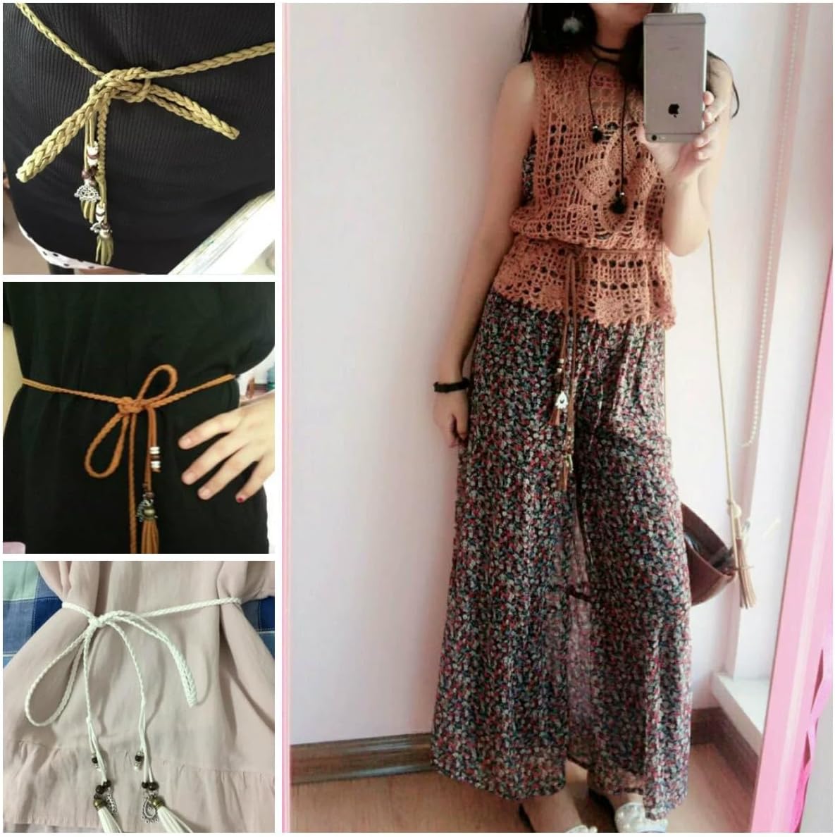 NIDMIDO Women's PU Leather Waist Belts Woven Tassels Chain Belt Skinny Rope Belt Chain for Skirt Dress Boho Style - Image 6