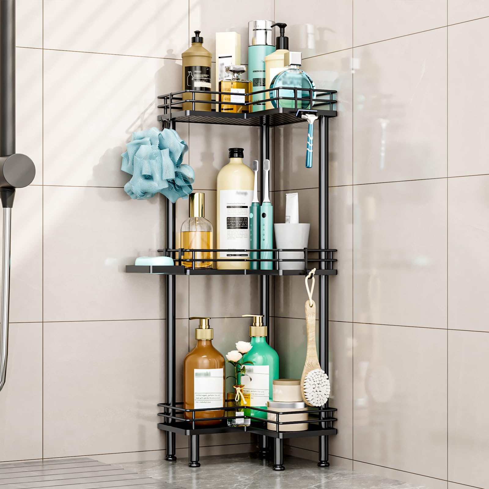 HapiRm Corner Shower Caddy Standing - 3 Tier Shower Organizer Corner with Soap Holder Rustproof Bathroom Standing Organizer