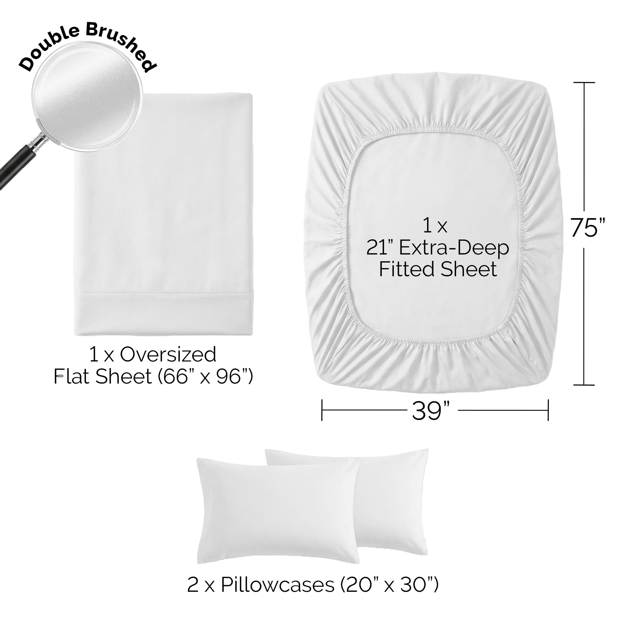 Southshore Fine Living, Inc. 4-Piece, 21-Inch Deep Pocket Twin Sheets Set with Fitted Sheet, Soft Microfiber, Oversized Flat Sheet, 2 Pillow Cases Standard Size, Hotel Collection Twin Bed White Sheets