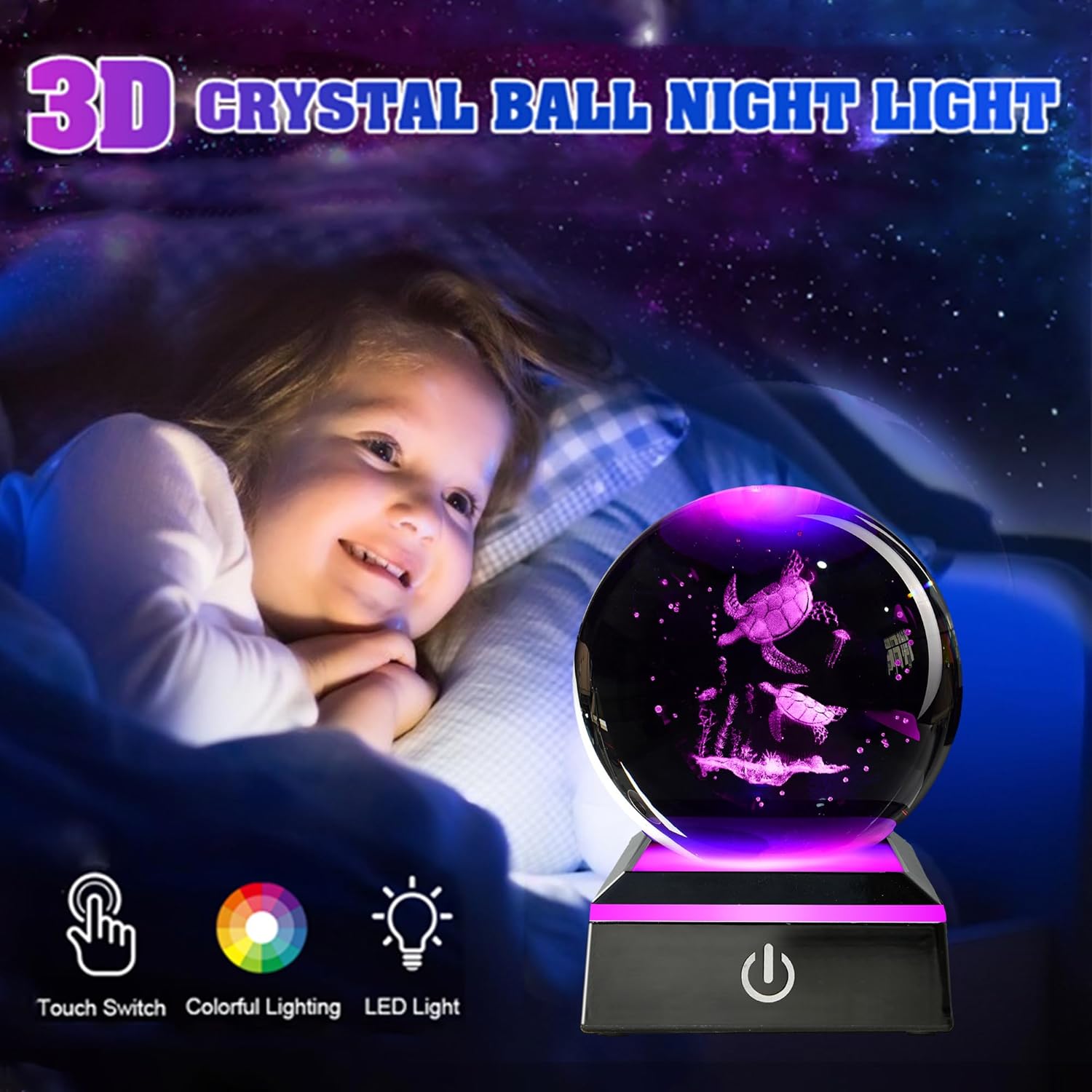 3D Crystal Ball Turtle Night Light with Variable-Color Light Base, a Popular Gift for Holidays and Birthdays, Glass Ball Suitable for Home and Office Decoration (3.14 Inches)
