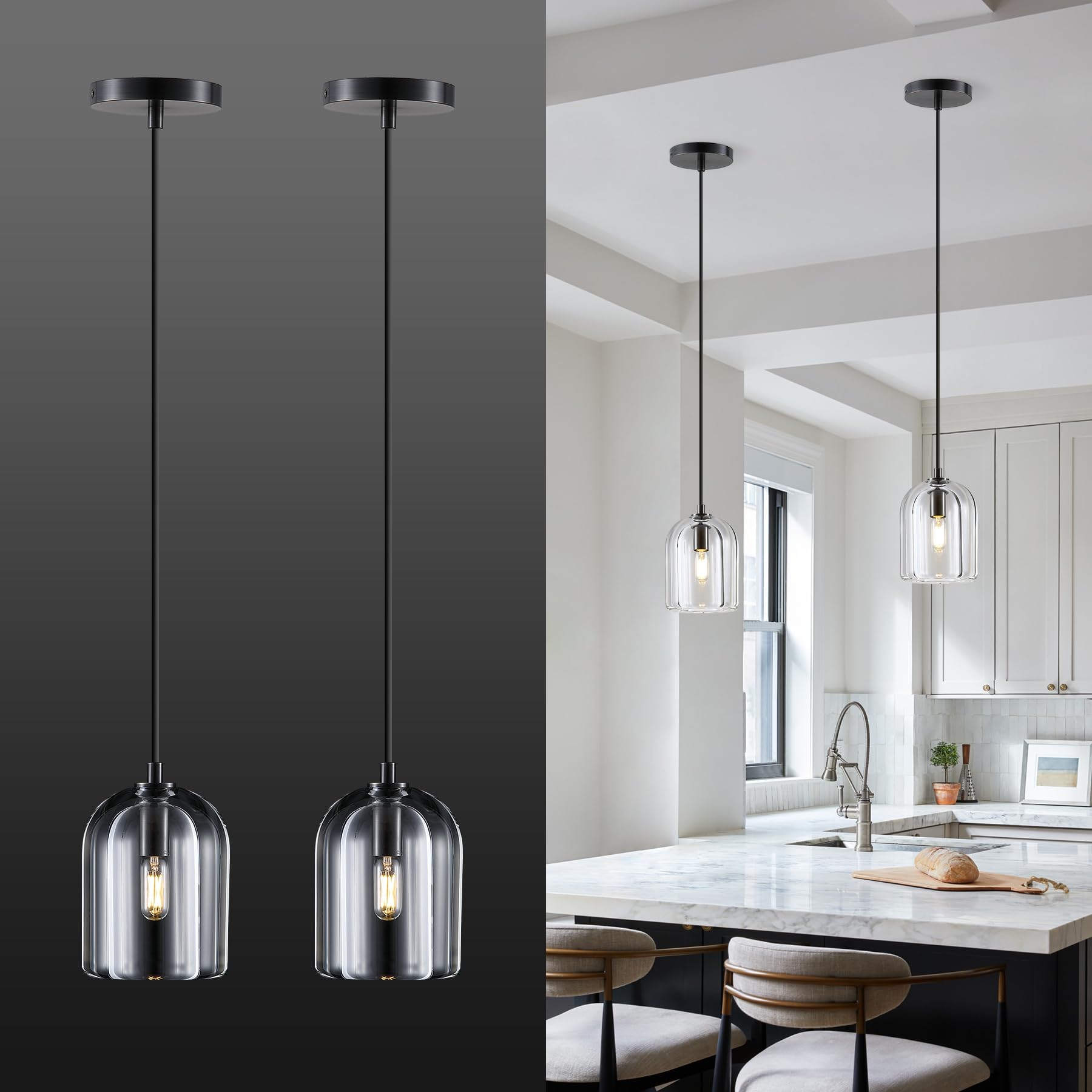 2 Pack Pendant Light for Kitchen Island, Modern Crystal Modern Pendant Lights, Black Pendant Light in Kitchen Island, E12 Bulb Indoor Island Pendant Lights, for DiningRoom,Living Room,Bedroom