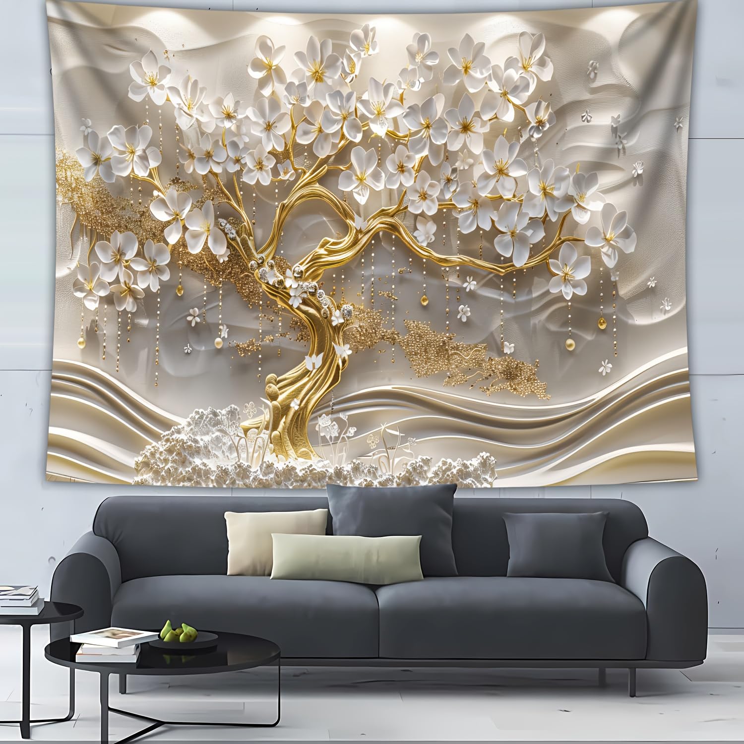 GLWDMB 1 pieza | Tela de fondo blanco del árbol de la vida, tapiz de poliéster para colgar en la pared, para sala de estar, dormitorio, oficina, fiesta, decoración | 230 x 150 cm