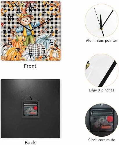 Miniatura 4 de Fall Scarecrow Wooden Wall Clock Silent Non Ticking, Thanksgiving Pumpkin Black Checkered Square Wall Clock Battery Operated, Decor Clock for Home