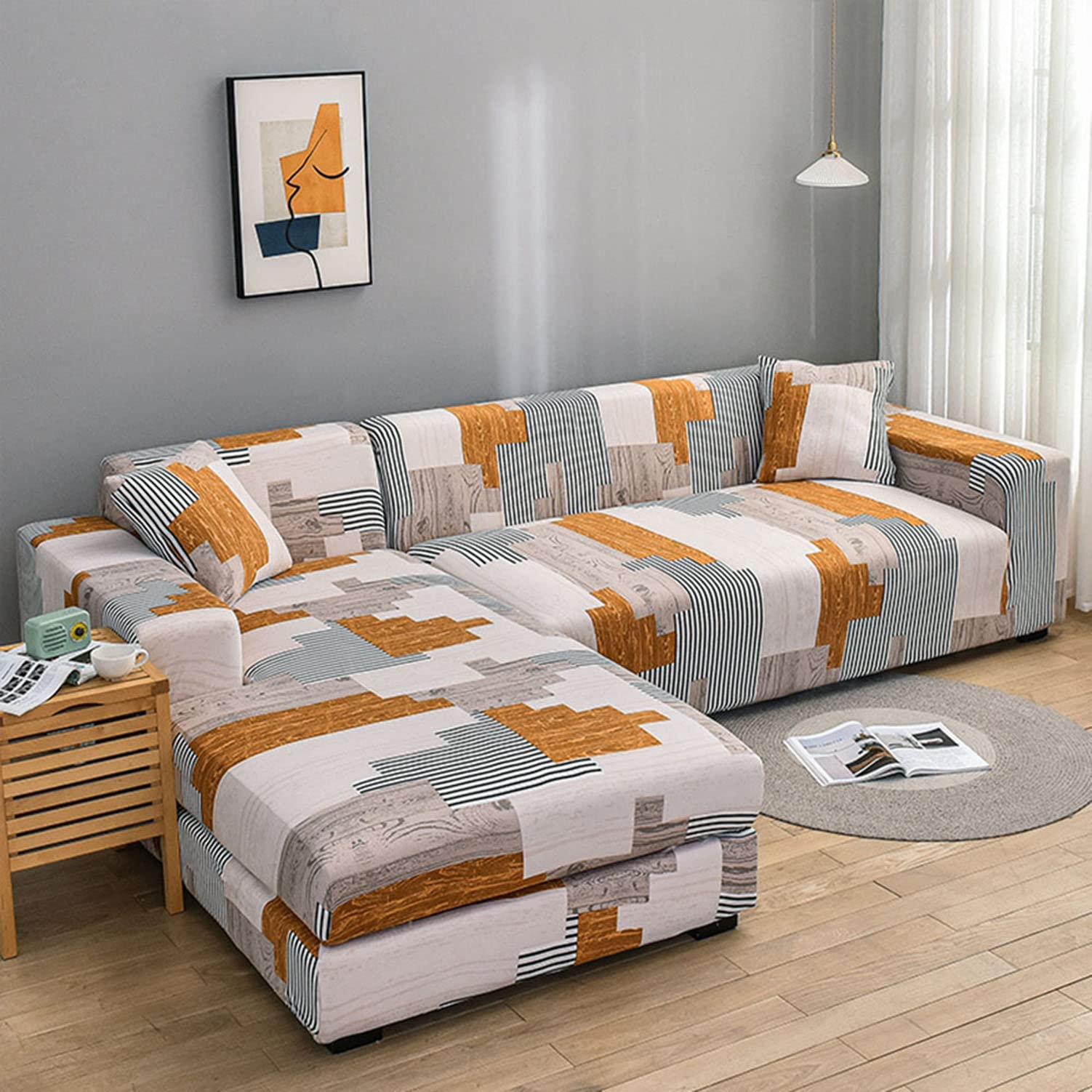 Housse de canapé extensible imprimée pour salon familial en L