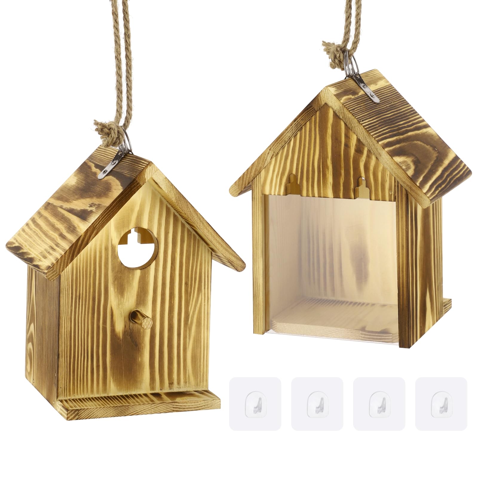 2 STK. Vogelhäuser aus Holz mit 4 Haken, 6,8 x 4,9 x 8,3 Zoll, mit transparentem Fenster und Sitzstange, Nistkasten für Blauvogel, Fink und Meise