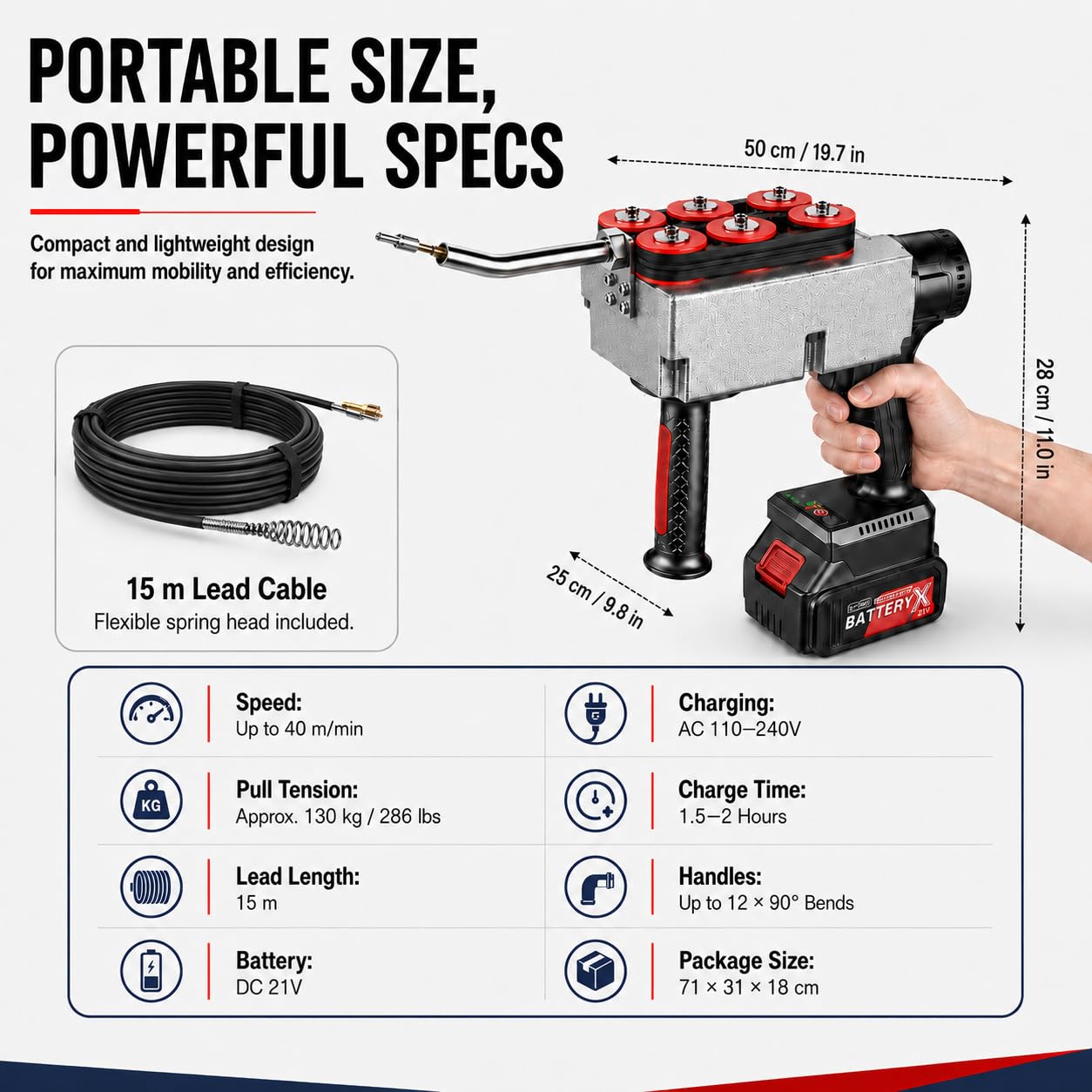 Infilatrice Automatica per Cavi Elettrici Senza Fili - Tiracavi Elettrico con Motore Brushless A velocità Regolabile per Pareti, per Impianti Idroelettrici E Lavori Edili dualbattery
