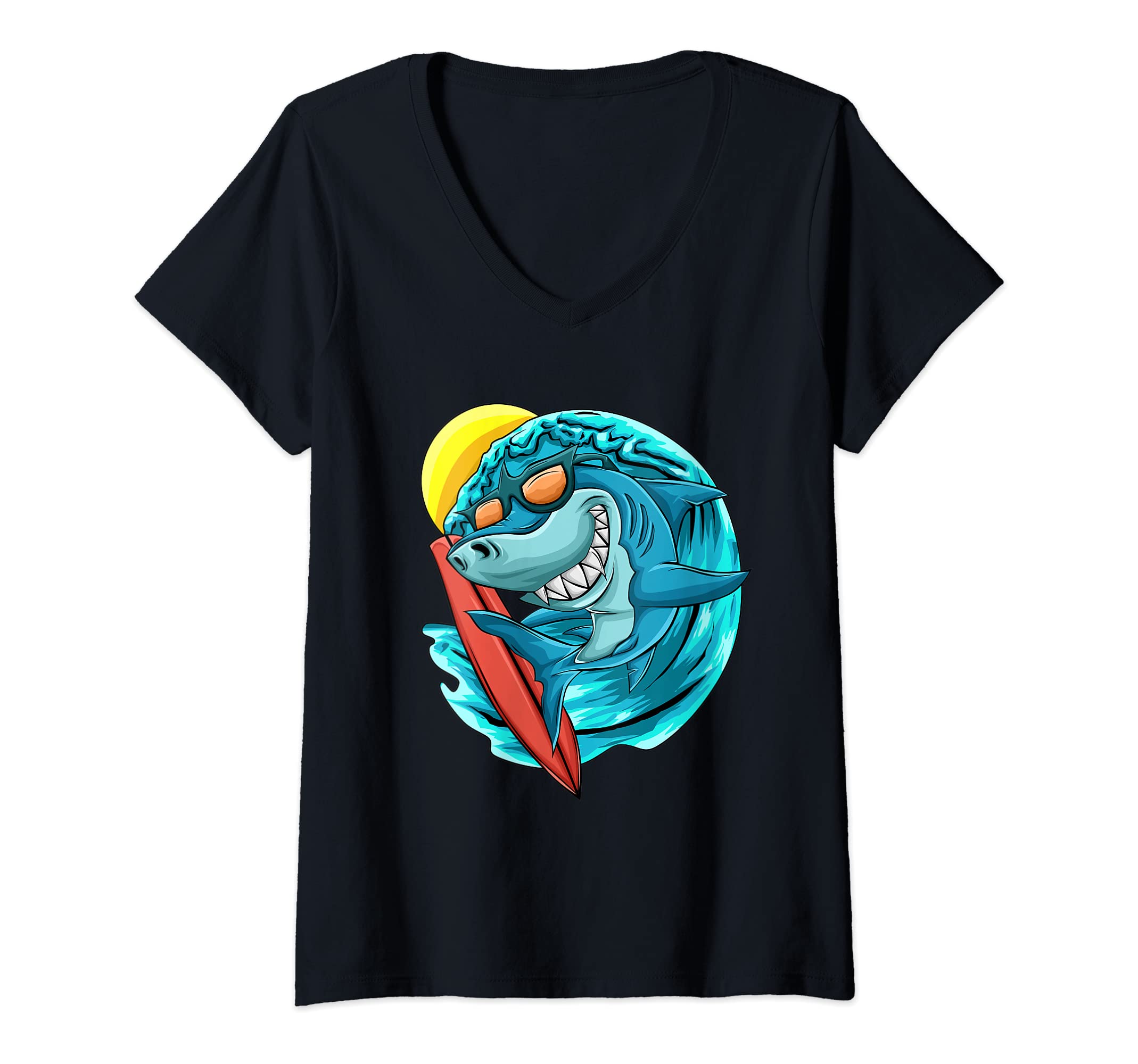 Womens Great White Shark Surfing Retro Sun Beach Surfers V-Neck T-Shirt