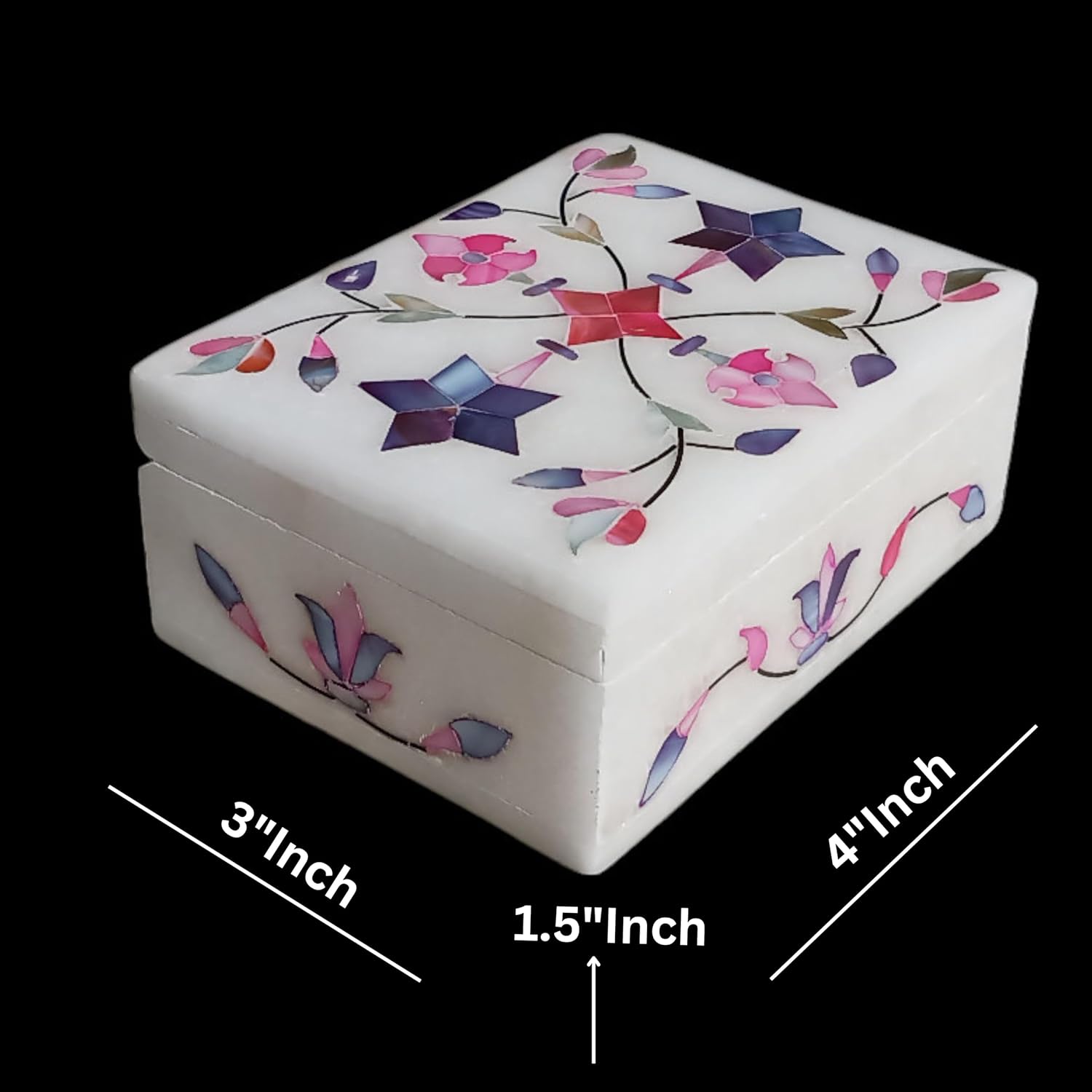 Decorative Marble Inlay Trinket Box 4x3 Inch – Handmade Pink Floral Design Jewelry Organizer, Ring & Keepsake Storage Box, Elegant Gift for Birthday, Anniversary, Wedding & Home Décor