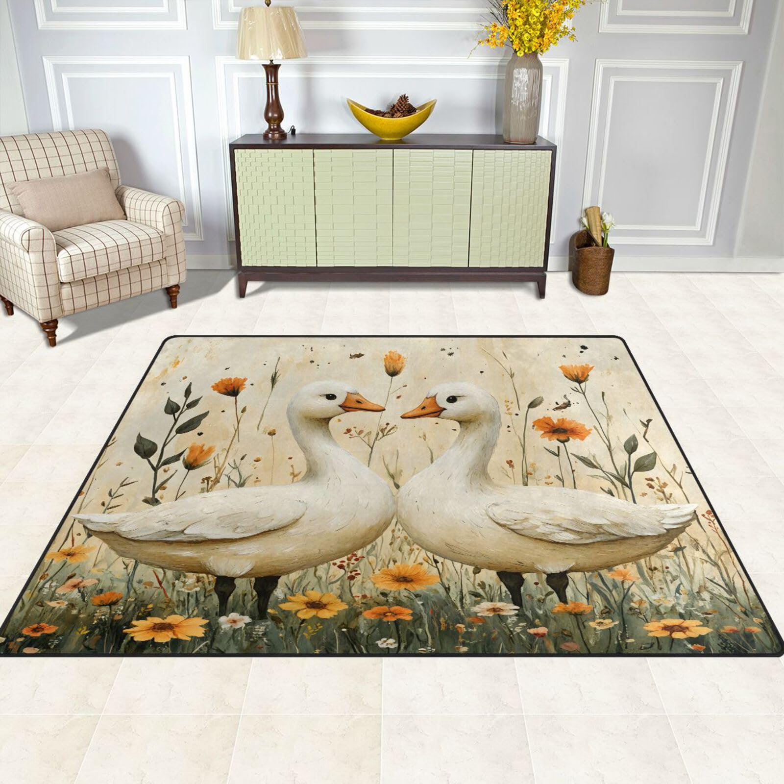 Mnsruu Grand tapis 160 x 122 cm, motif fleurs de canard vintage, tapis de sol contemporain pour salon, chambre à coucher, tapis doux
