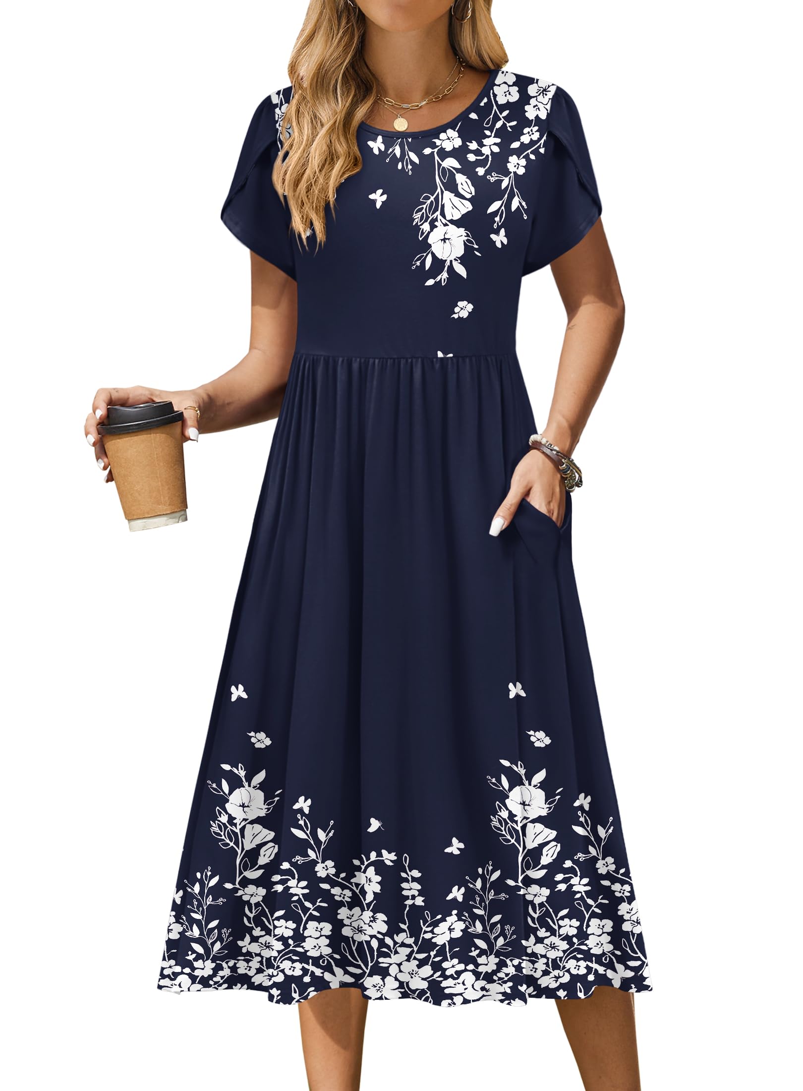 Zeagoo Women Summer Short Sleeve Midi Dress with Pockets Casual Aline Flowy Tshirt Dress Floral Vocation Beach Sundress