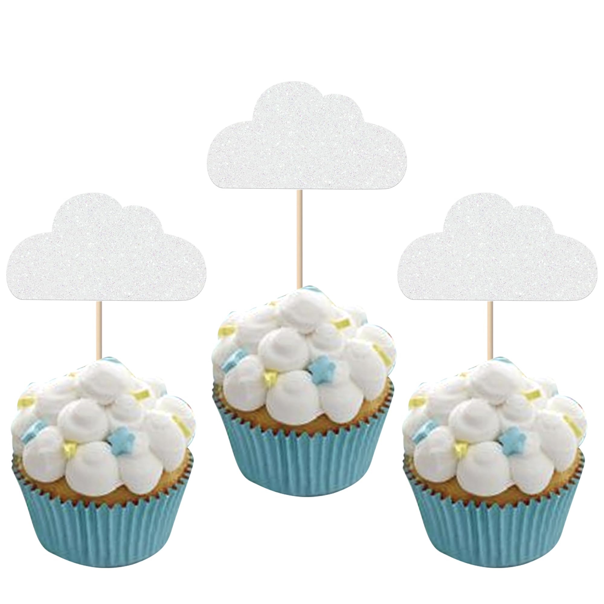 24 Stück Weiße Wolke Tortendeko Glitzer Cloud Cupcake Toppers Wolke Kuchen Deko für Cloud Thema Hochzeit Baby Dusche Jungen Mädchen Geburtstag Party Cupcake Dekorationen Weiße