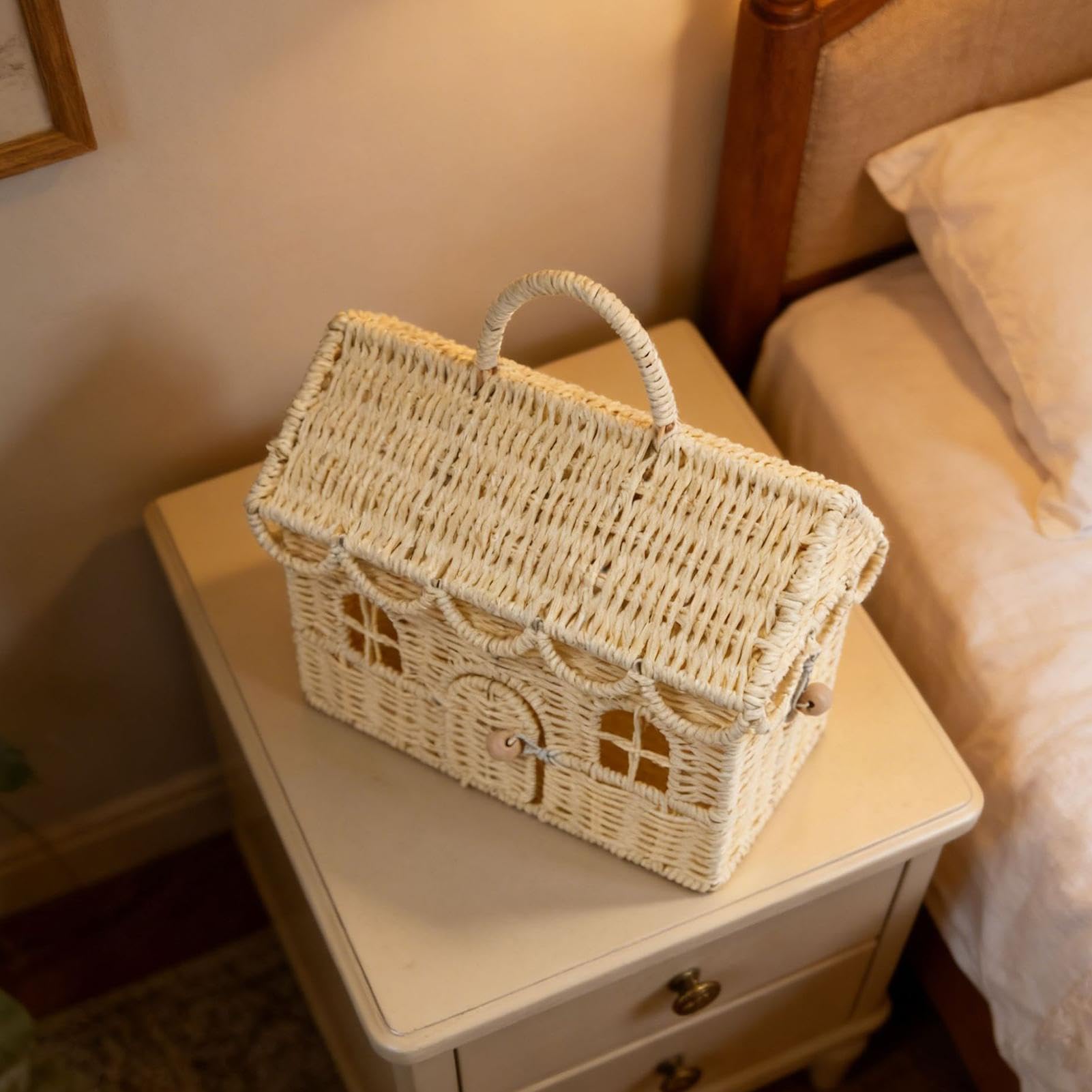 Cestino intrecciato in rattan artificiale decorativo a forma di casa, organizer con coperchio | Cestino in rattan per casa colonica, soggiorno, camera da letto, asilo nido, cucina, casa