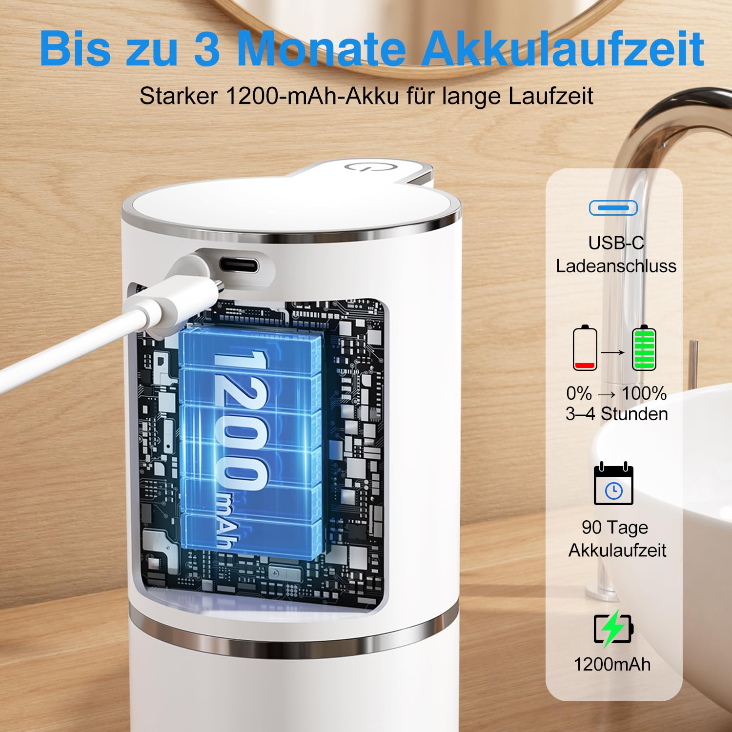 Amyzavls Seifenspender Automatisch für Flüssigetyp, Wandbefestigung Berührungslos Elektrischer Seifenspender mit Sensor, 4-stufige, USB Wiederaufladbar, 380ml, für Bad, Küche und Toilette, Perlweiß
