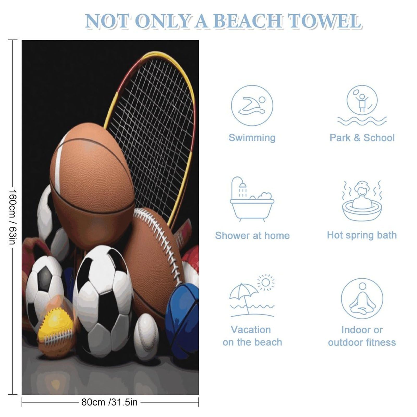 Toallas de baño unisex con temática deportiva, toalla de playa ligera de secado rápido, toalla de baño para viajes, deportes, piscina, natación, baño, camping, yoga, adultos, 160 x 80 cm