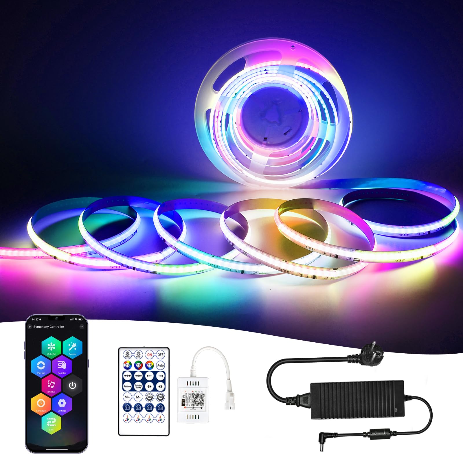 RGB+IC LED COB 10M tira tira led con controlador WIFI 576LEDs/M 24V regulable multicolor tira luminosa para el hogar dormitorio cocina