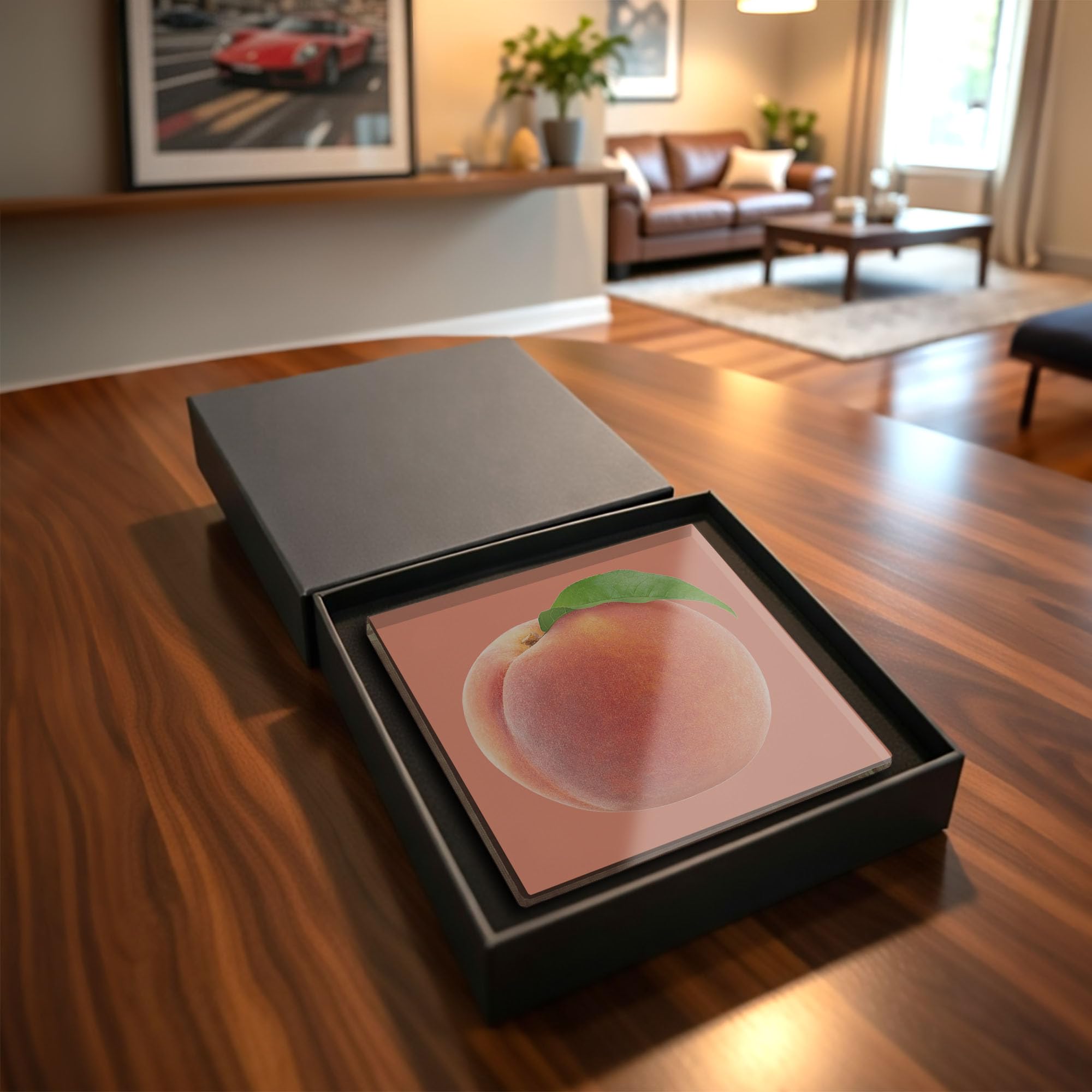 Peach Glass Coaster Square Tempered Glass Drink Coaster Fruit Kitchen Decor Summer Aesthetic Home Gift Cute Peach Lover Present (Gift Box Packaging)