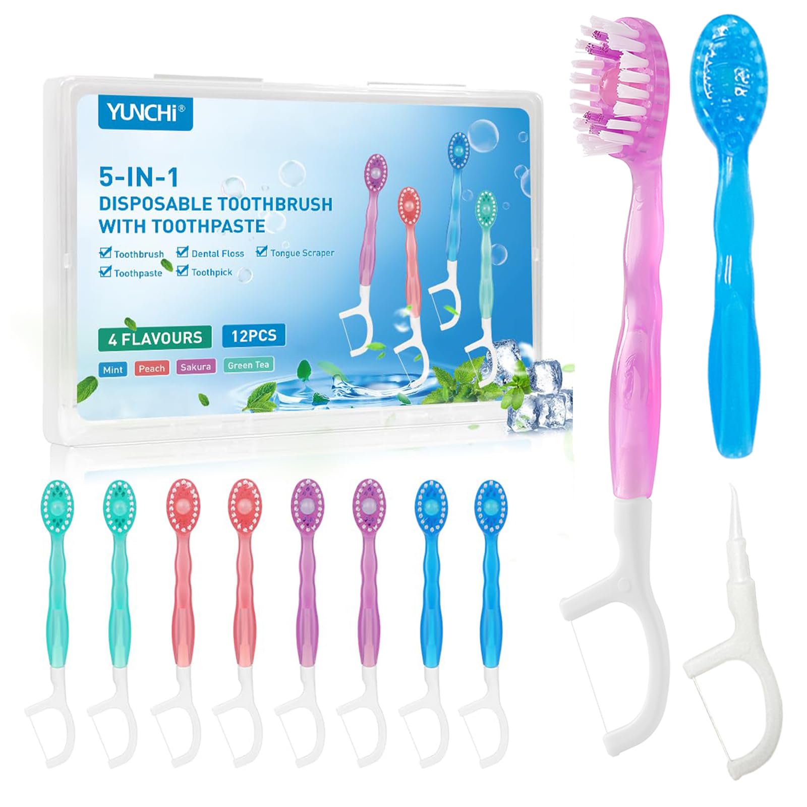 YUNCHI Mini Zahnbürste 5 in 1 Einmalzahnbürsten mit Zahnpasta + Pickel + Zungenschaber + Zahnseide, Reisezahnbürste Einzeln Verpackt für Camping Geschäftsreisen Kinder Erwachsene