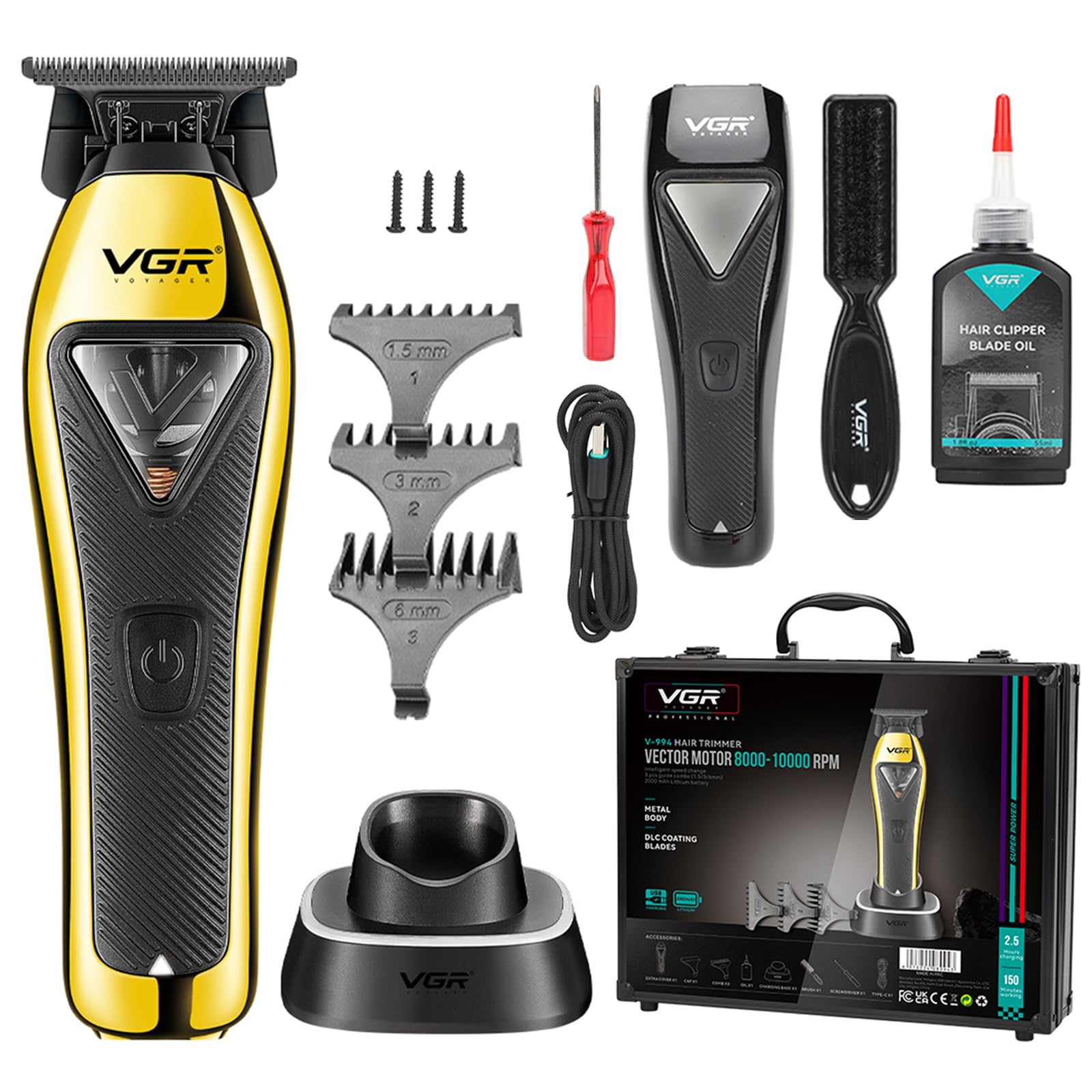 VGR 994 Vector Motor Hair Trimmer for Men, 10000 RPM Professional Hair Clippers Beard Trimmer, DLC T Blade Trimmers for Barbers, Cordless Zero Gapped
