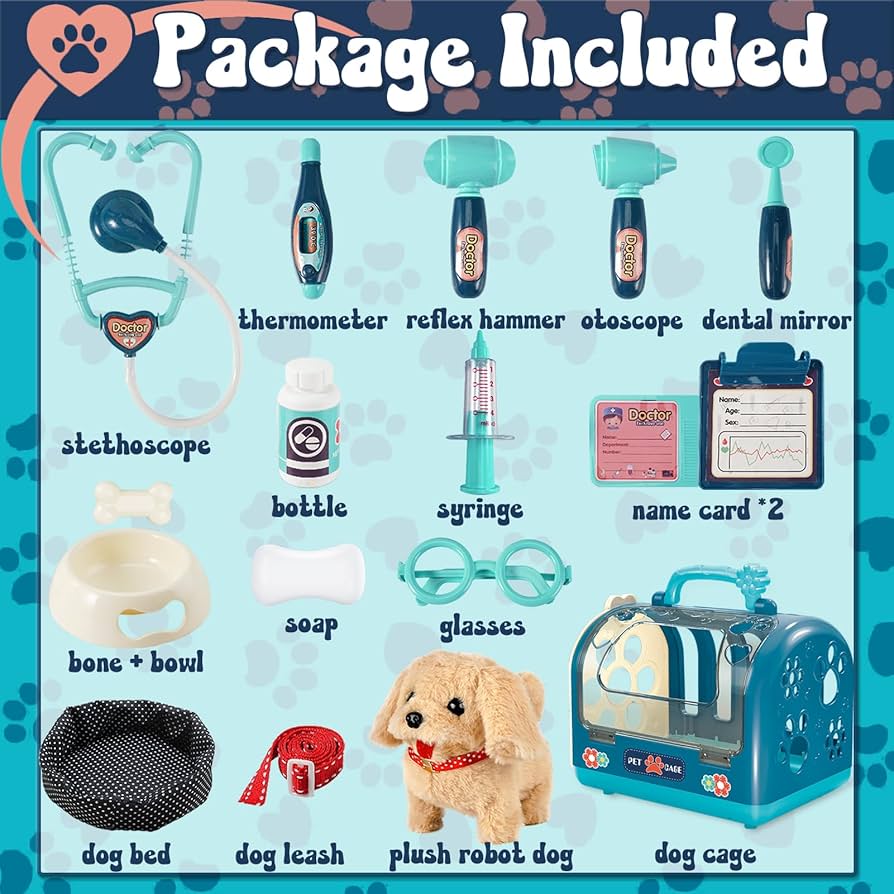 STAY GENT Toy Dogs For Kids Pet Care Role Play Toys Set 12Pcs Robot Dog Toys Feeding Grooming Vet Set For Kids With Electronic Walks Barks Dog Cage Toys Gifts For Girls Boys 2 3 4 5 6 7 8 Years Old