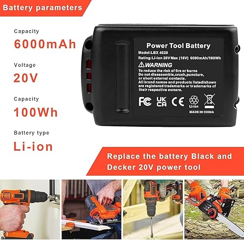 Miniatura 3 de ARyee Batería de litio de 6.0 Ah 20 V compatible con Black and Decker 20 Volt Max LBXR20 LB20 LBX20 LBXR2020 LBX4020 LB2X4020-OPE LBXR20-OPE