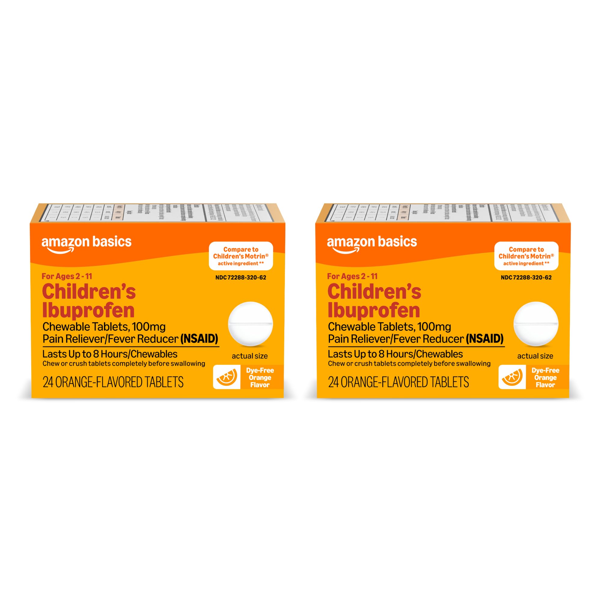 Amazon Basics Children's Ibuprofen Chewable Tablets 100 mg, Orange Flavor, Dye Free, Pain Reliever and Fever Reducer (NSAID), for Ages 2-11, 24 Count (Pack of 2) (Previously Care)