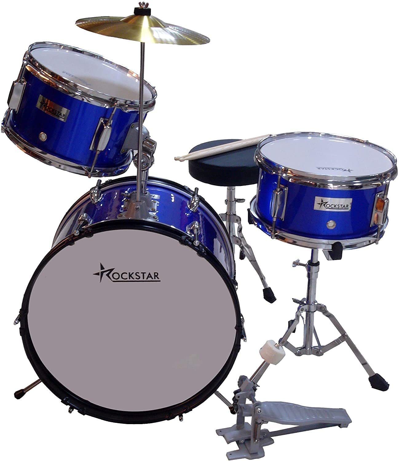 ROCKSTAR - Batería Iniciacion Fabricada de Madera 1044BL Instrumento Musical Percusión Asiento Pedal de Bombo y Baquetas