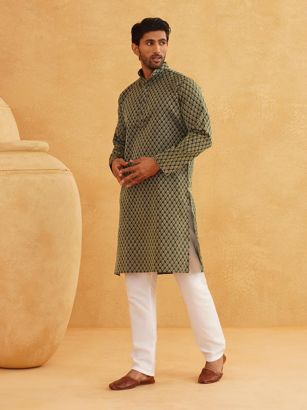 Sojanya (Since 1958 Men's Silk Blend Dark Green Color Self Design Only Long Kurta